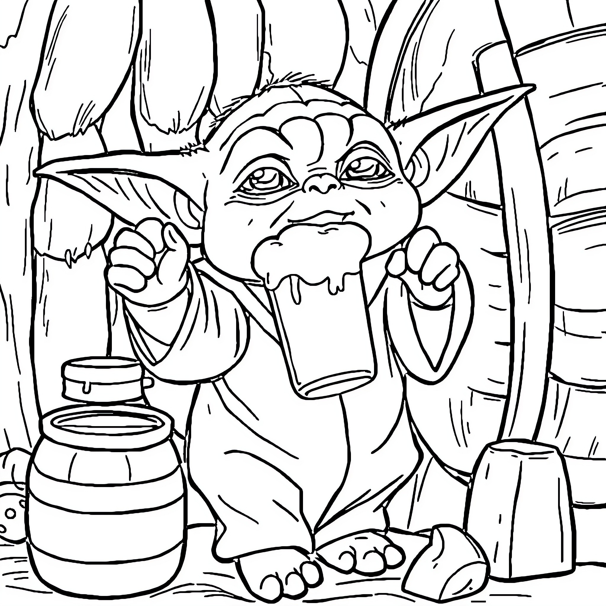 Baby Yoda enjoying a tasty beverage in the forest Coloring Page (free black-and-white line drawing printable PDF for all, from beginners to advanced learners, including children, teens, adults, and seniors)