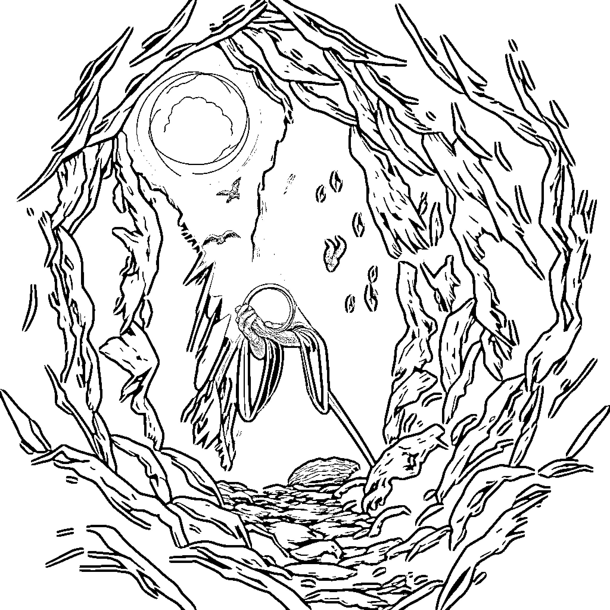 Lord of the Rings Enchanted Forest Scene Coloring Page (free black-and-white line drawing printable PDF for all, from beginners to advanced learners, including children, teens, adults, and seniors)
