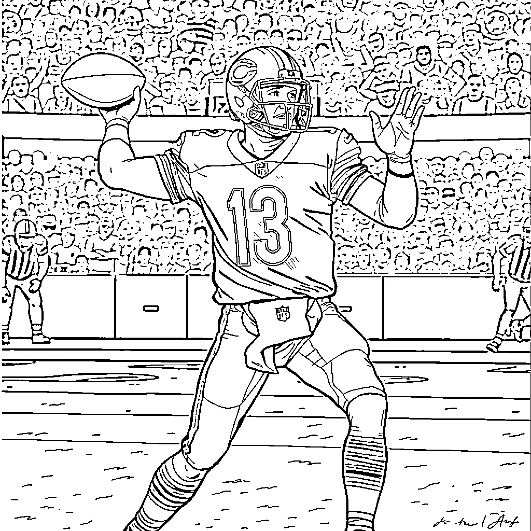 Quarterback Preparing for the Decisive Play Coloring Page (free black-and-white line drawing printable PDF for all, from beginners to advanced learners, including children, teens, adults, and seniors)