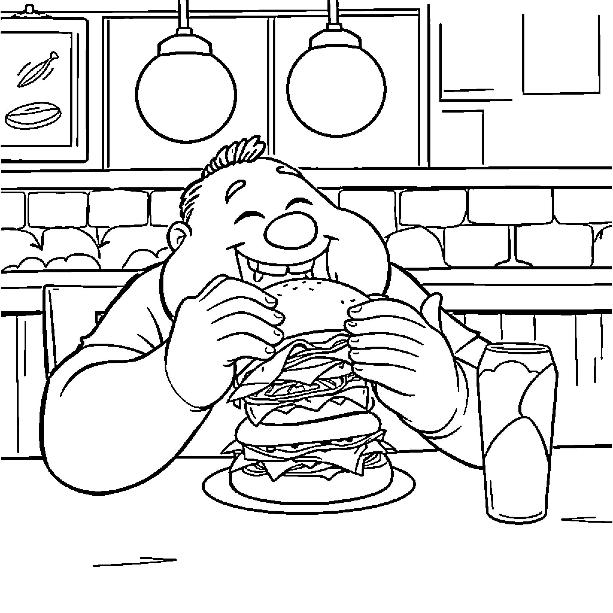 Man eagerly enjoying a delicious burger in a restaurant setting Coloring Page (free black-and-white line drawing printable PDF for all, from beginners to advanced learners, including children, teens, adults, and seniors)