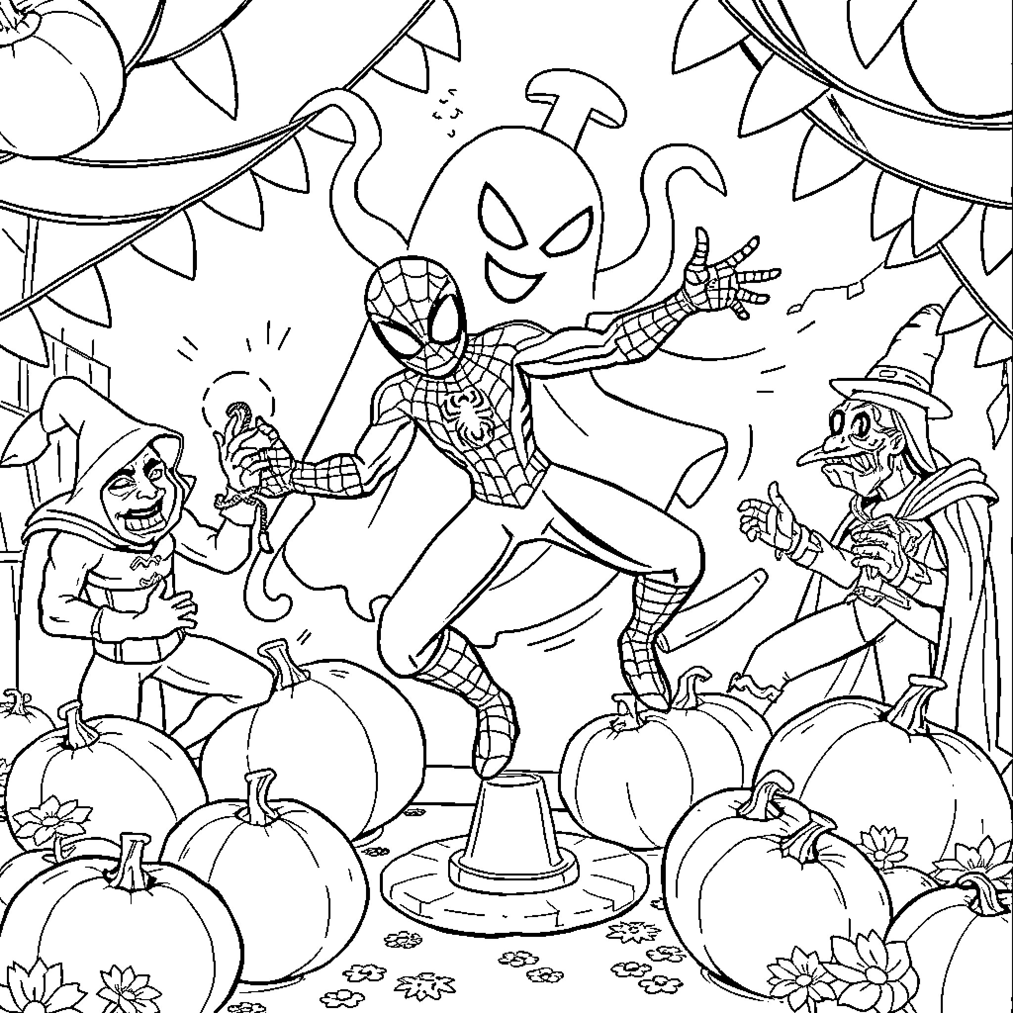 Spider-Man swinging through a festive Halloween scene Coloring Page (free black-and-white line drawing printable PDF for all, from beginners to advanced learners, including children, teens, adults, and seniors)