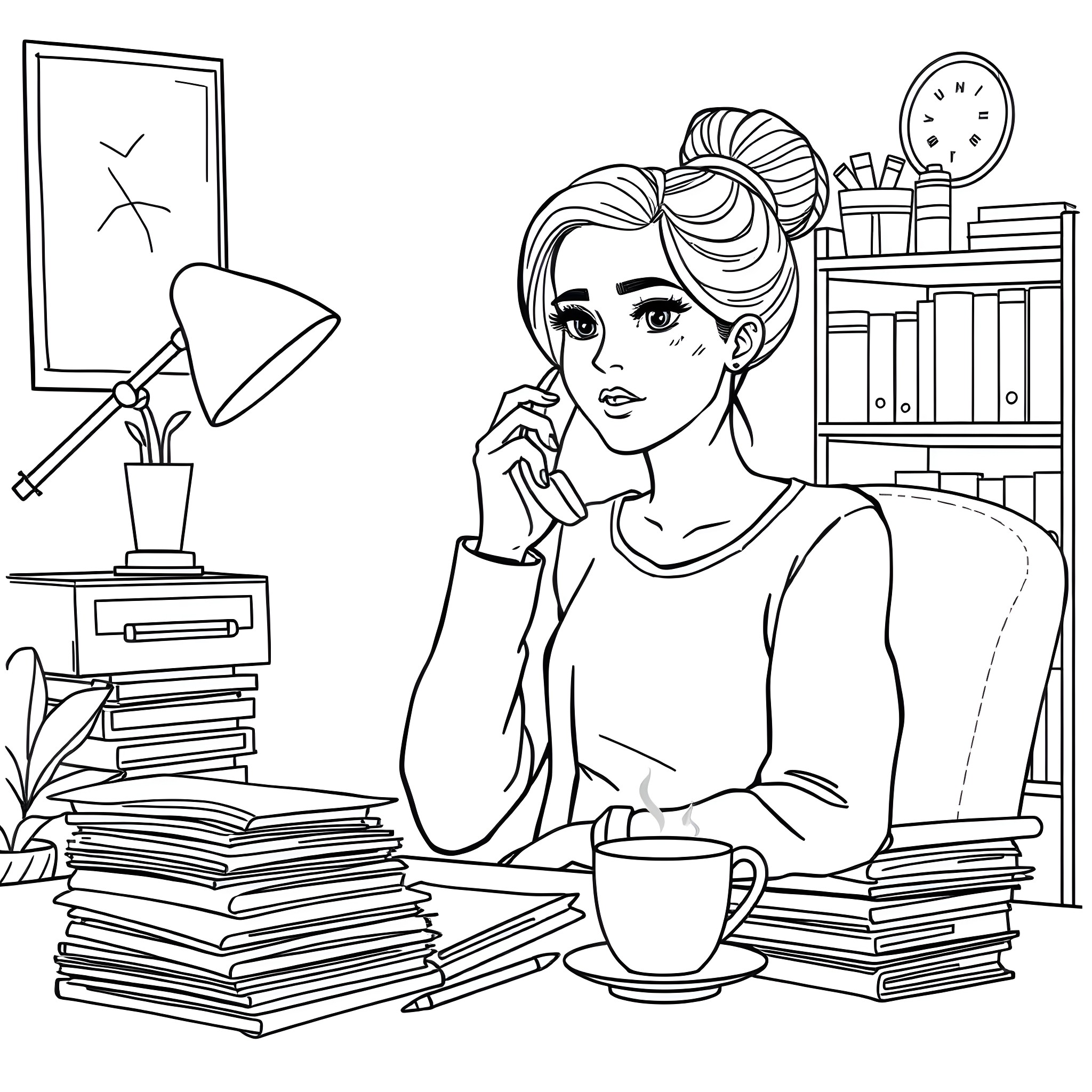 Romelle studying intently in her cozy workspace Coloring Page (free black-and-white line drawing printable PDF for all, from beginners to advanced learners, including children, teens, adults, and seniors)