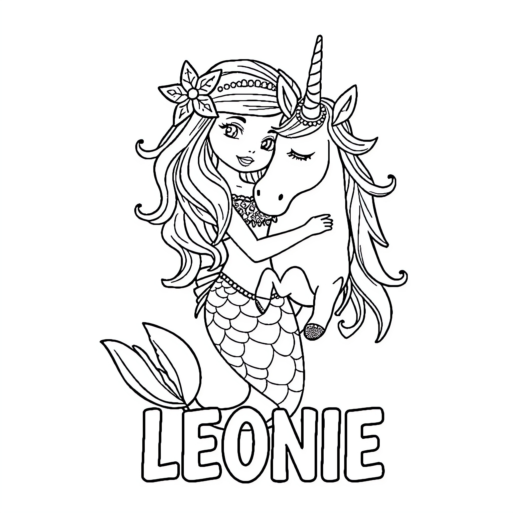 Mermaid embracing her unicorn companion Coloring Page (free black-and-white line drawing printable PDF for all, from beginners to advanced learners, including children, teens, adults, and seniors)