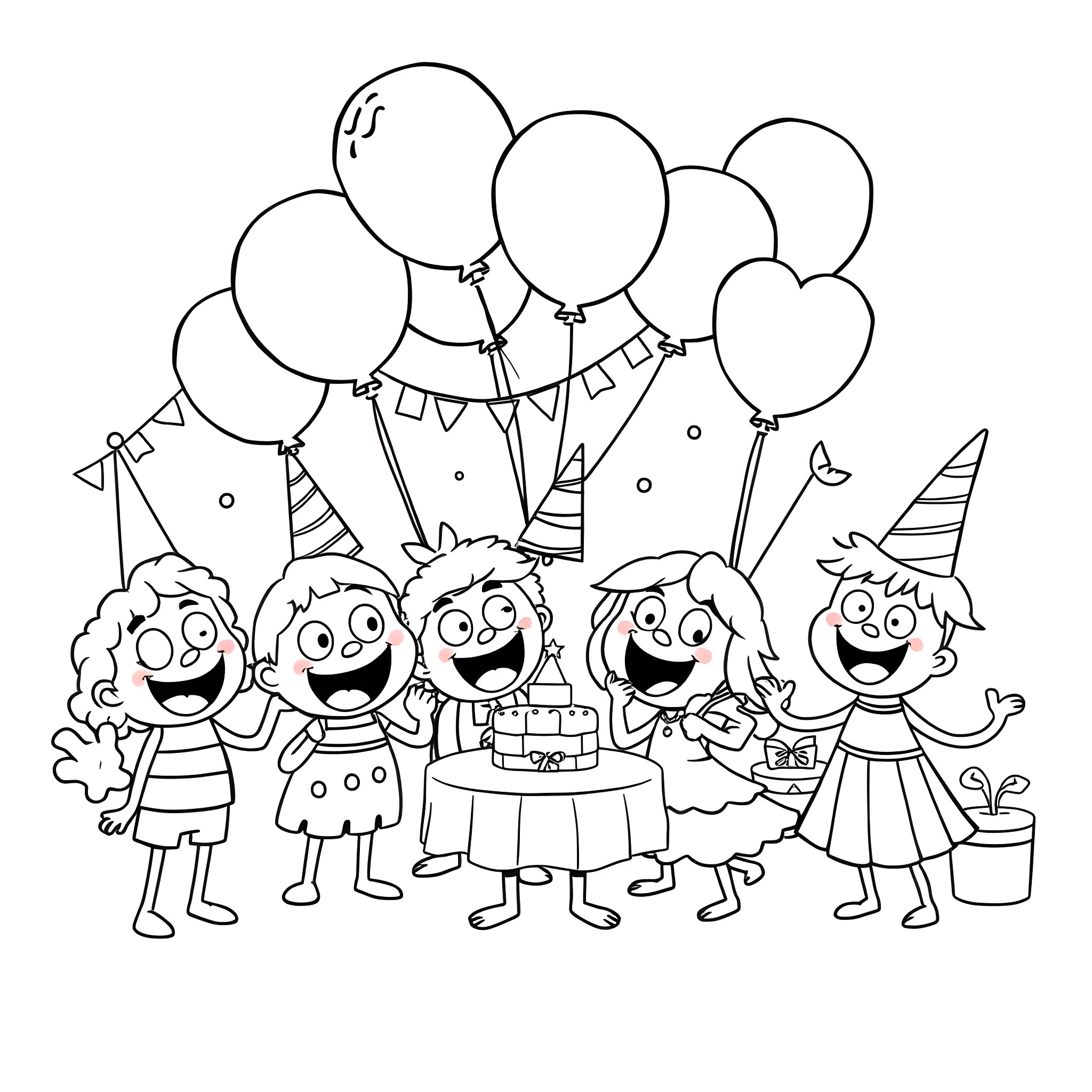 Poop Birthday Party Fun with Balloons Coloring Page (free black-and-white line drawing printable PDF for all, from beginners to advanced learners, including children, teens, adults, and seniors)