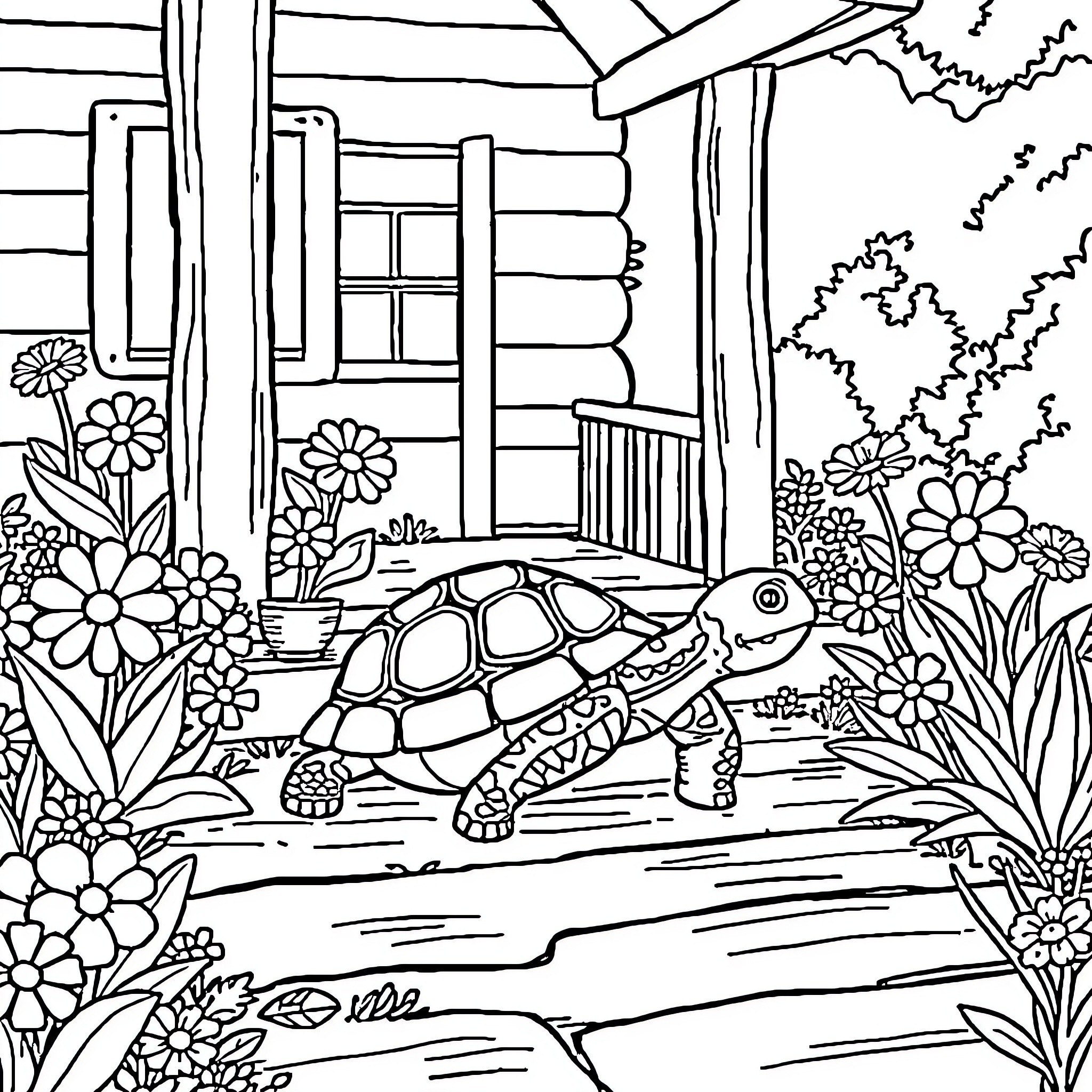Turtle exploring a garden cottage Coloring Page (free black-and-white line drawing printable PDF for all, from beginners to advanced learners, including children, teens, adults, and seniors)