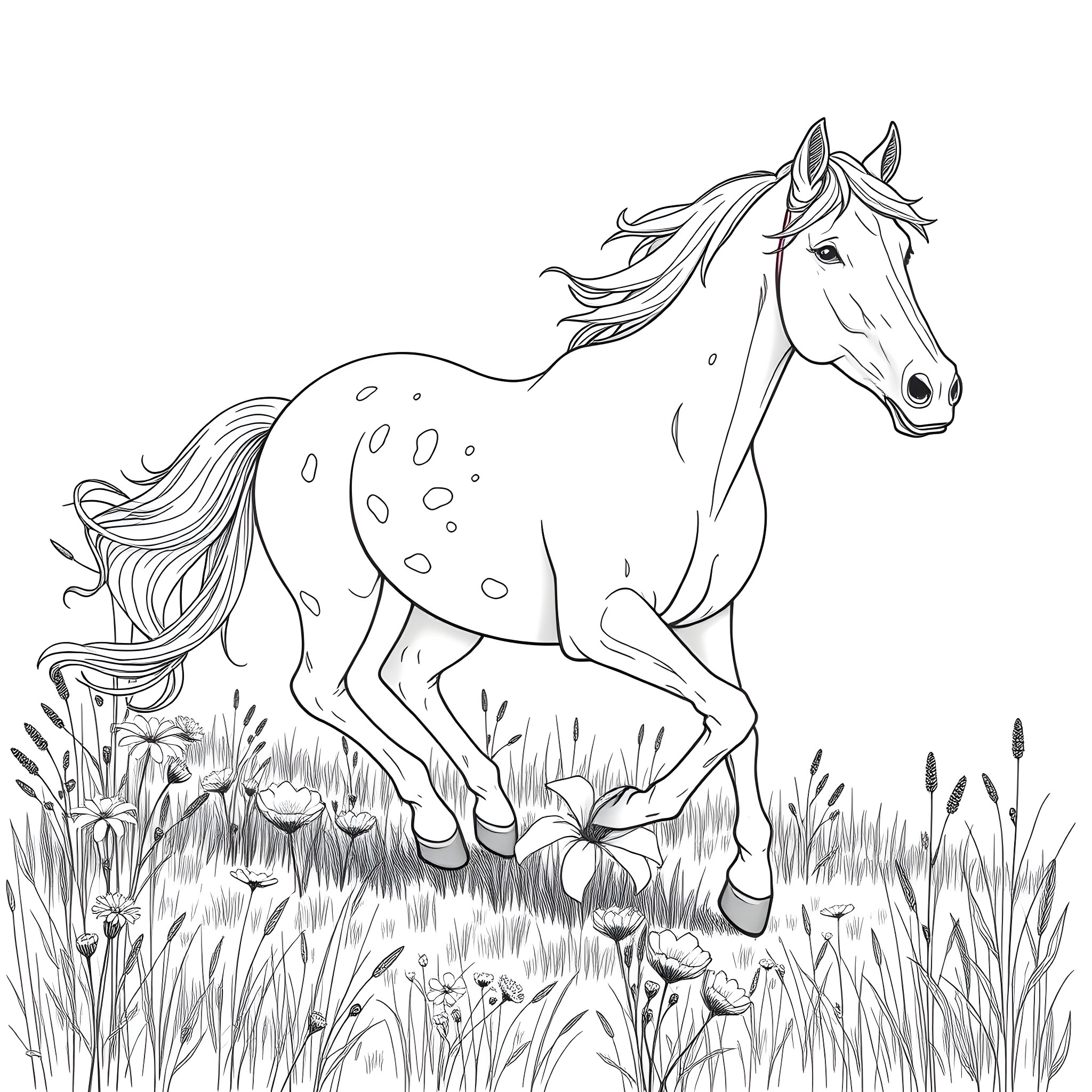 Horse running freely in the meadow Coloring Page (free black-and-white line drawing printable PDF for all, from beginners to advanced learners, including children, teens, adults, and seniors)