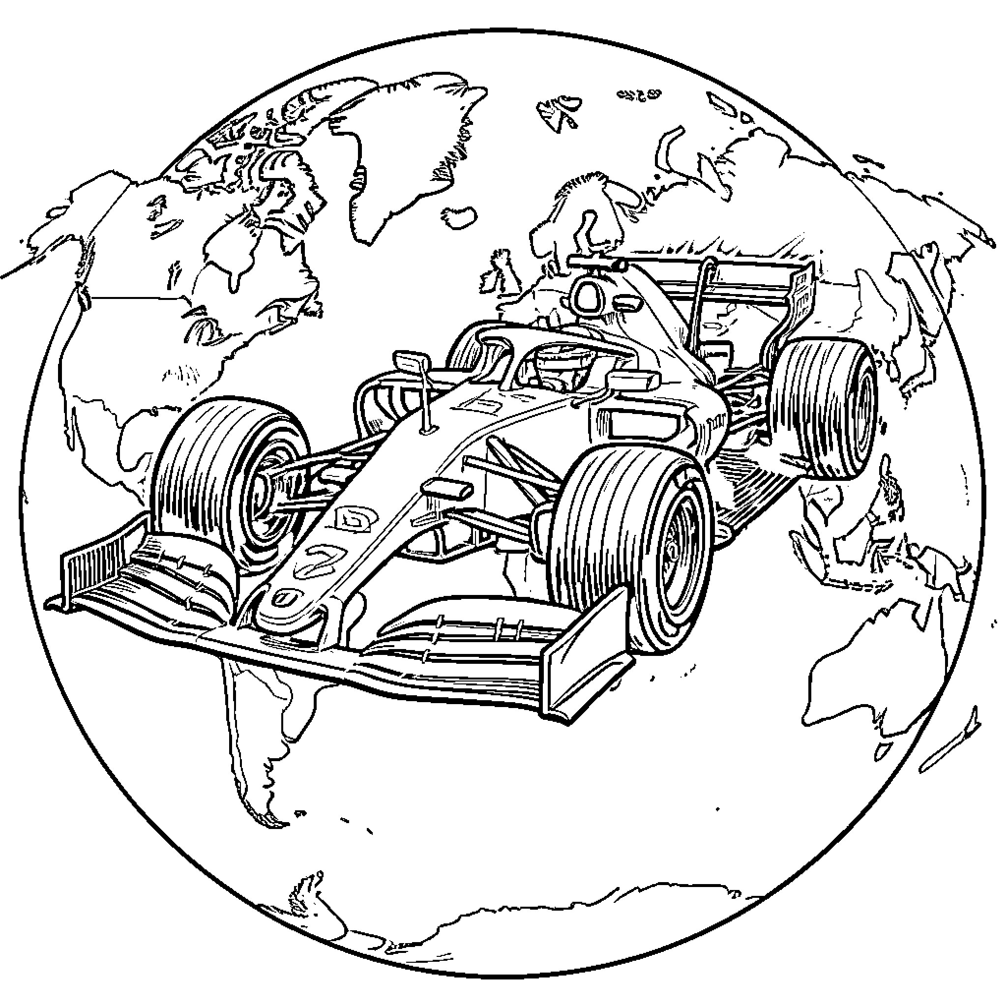 Formula One Car racing on a global stage Coloring Page (free black-and-white line drawing printable PDF for all, from beginners to advanced learners, including children, teens, adults, and seniors)