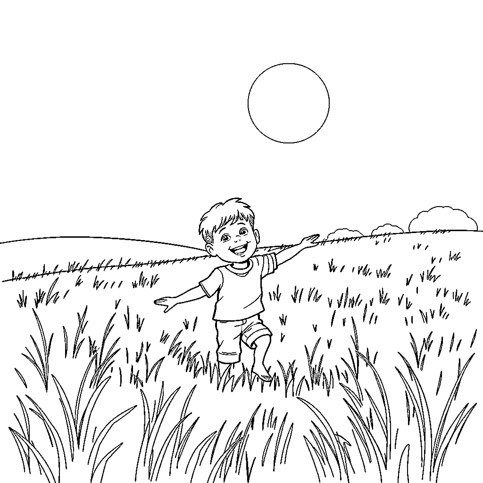 Boy running joyfully through the tall grass Coloring Page (free black-and-white line drawing printable PDF for all, from beginners to advanced learners, including children, teens, adults, and seniors)