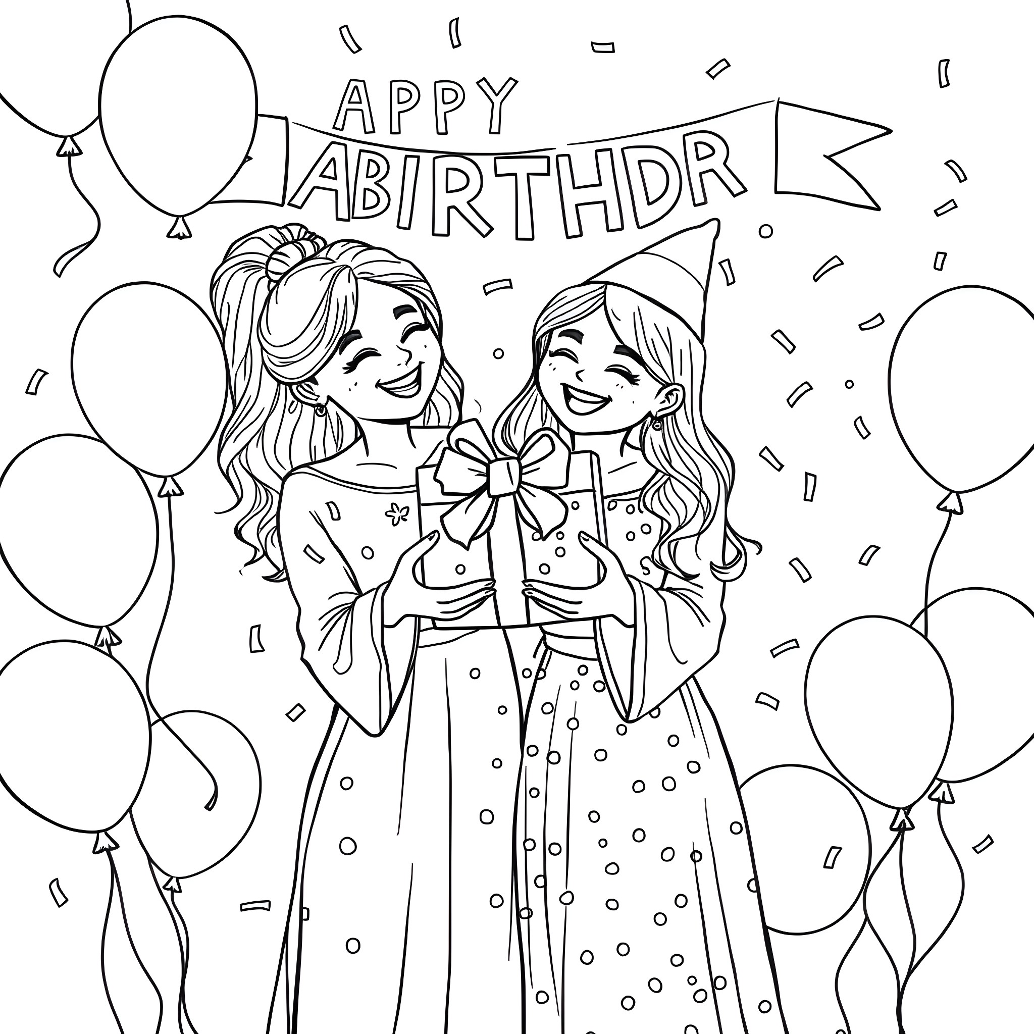 Meekah's Joyful Birthday Celebration Coloring Page (free black-and-white line drawing printable PDF for all, from beginners to advanced learners, including children, teens, adults, and seniors)