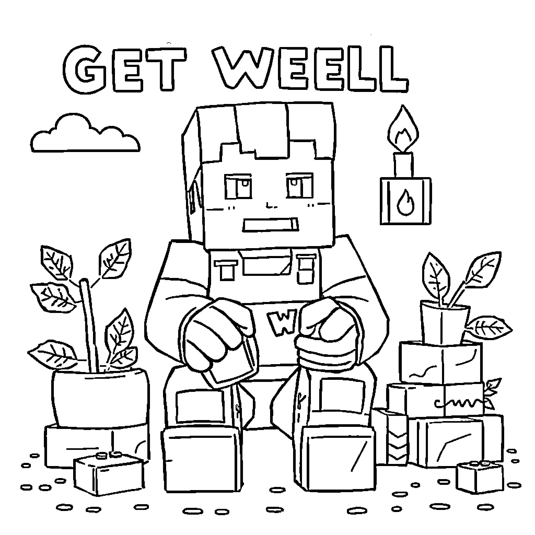 Minecraft character recovering at home with plants and candle Coloring Page (free black-and-white line drawing printable PDF for all, from beginners to advanced learners, including children, teens, adults, and seniors)