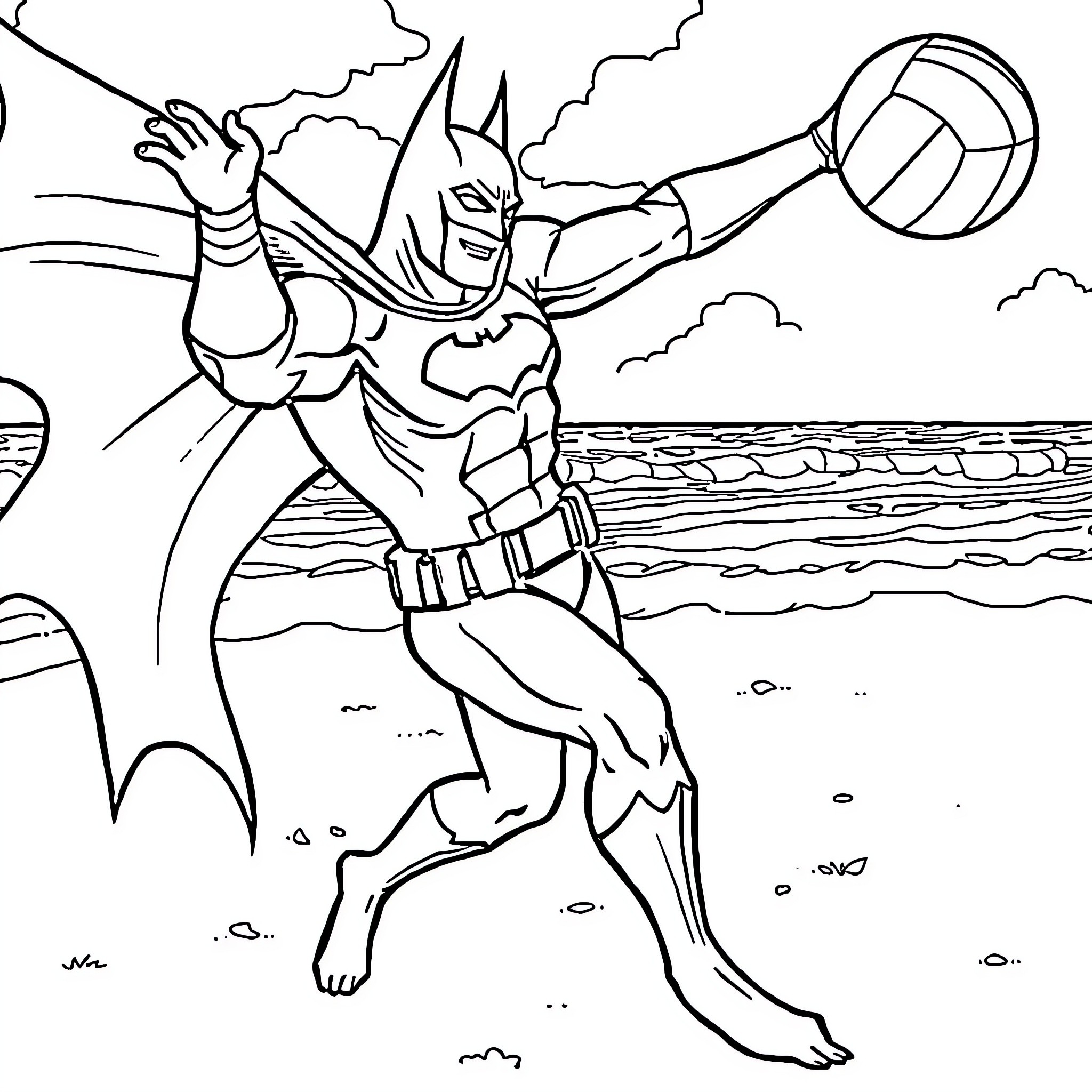 Batman Playing Volleyball on the Beach Coloring Page (free black-and-white line drawing printable PDF for all, from beginners to advanced learners, including children, teens, adults, and seniors)
