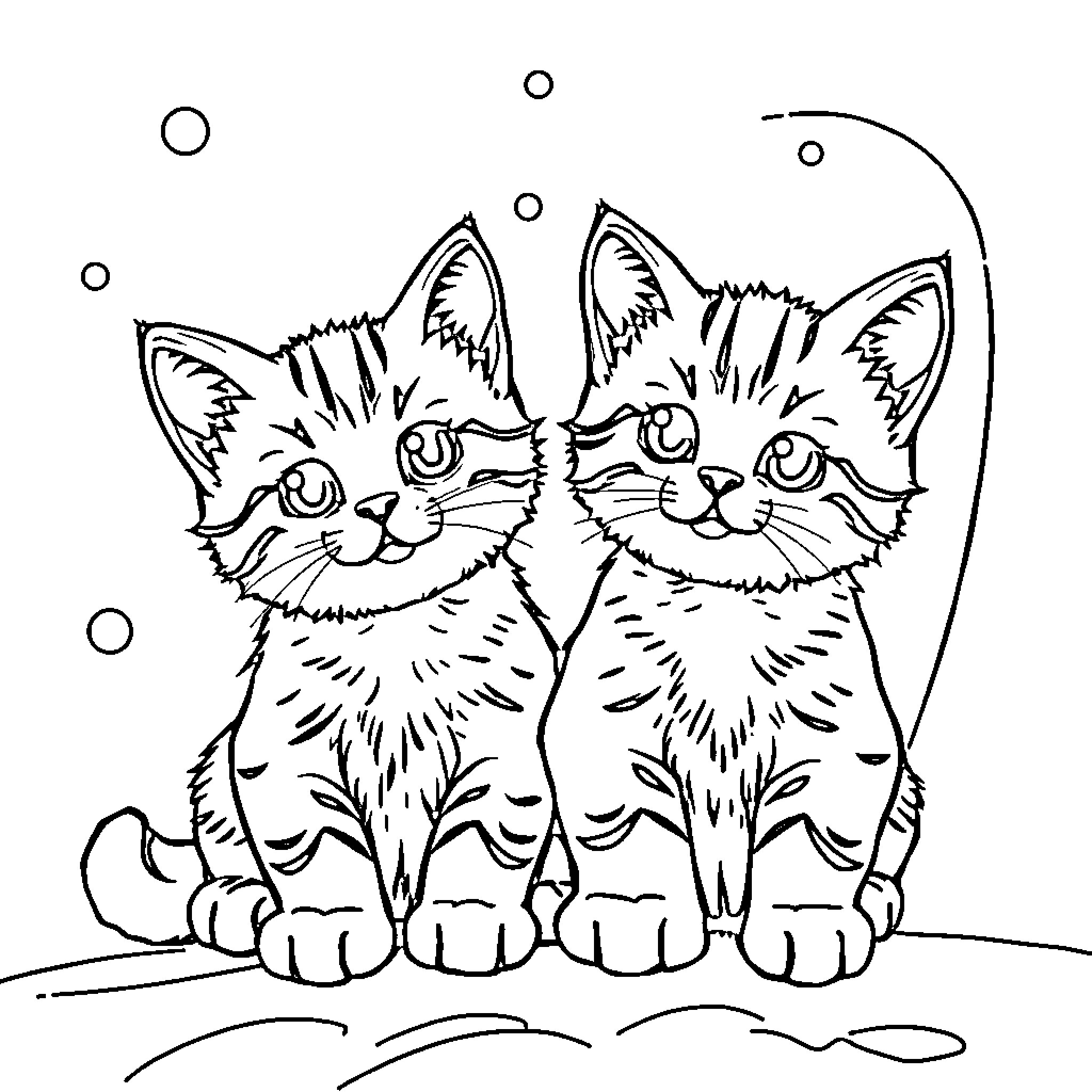 Kittens playing together in the snow Coloring Page (free black-and-white line drawing printable PDF for all, from beginners to advanced learners, including children, teens, adults, and seniors)