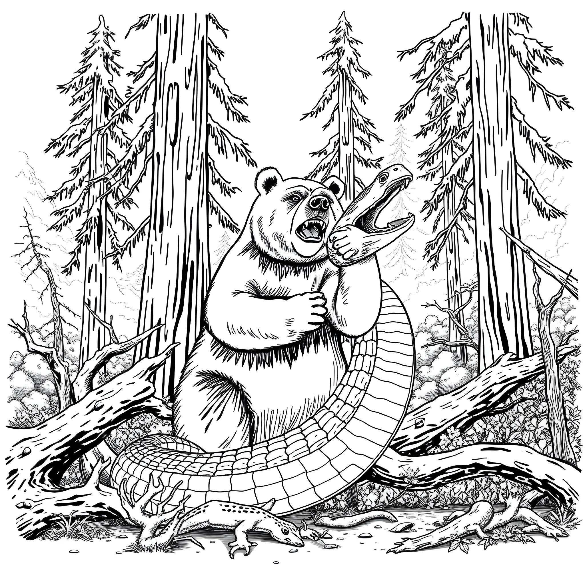 Bear roaring fiercely in the enchanted forest Coloring Page (free black-and-white line drawing printable PDF for all, from beginners to advanced learners, including children, teens, adults, and seniors)