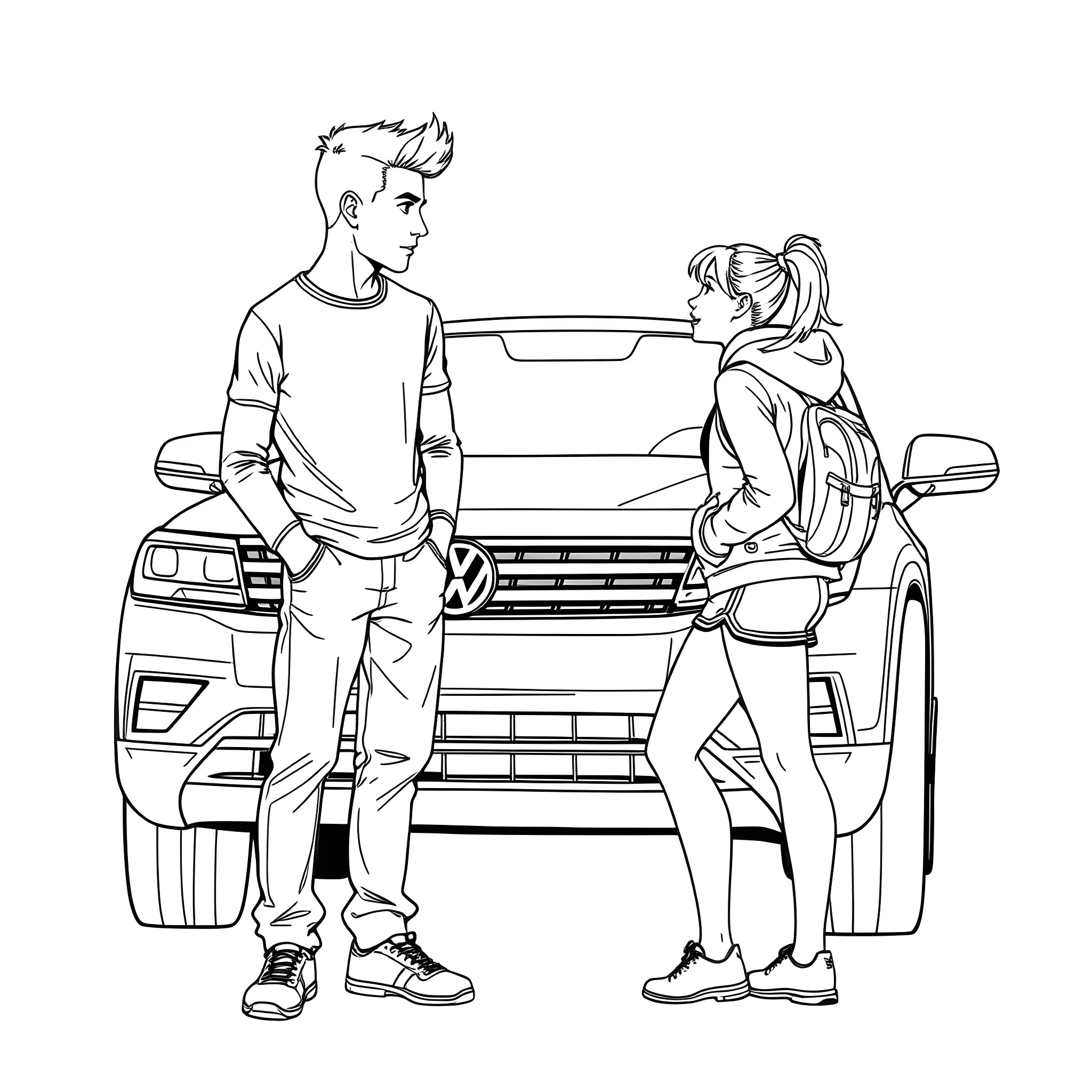 Teen couple preparing to go on a road trip Coloring Page (free black-and-white line drawing printable PDF for all, from beginners to advanced learners, including children, teens, adults, and seniors)