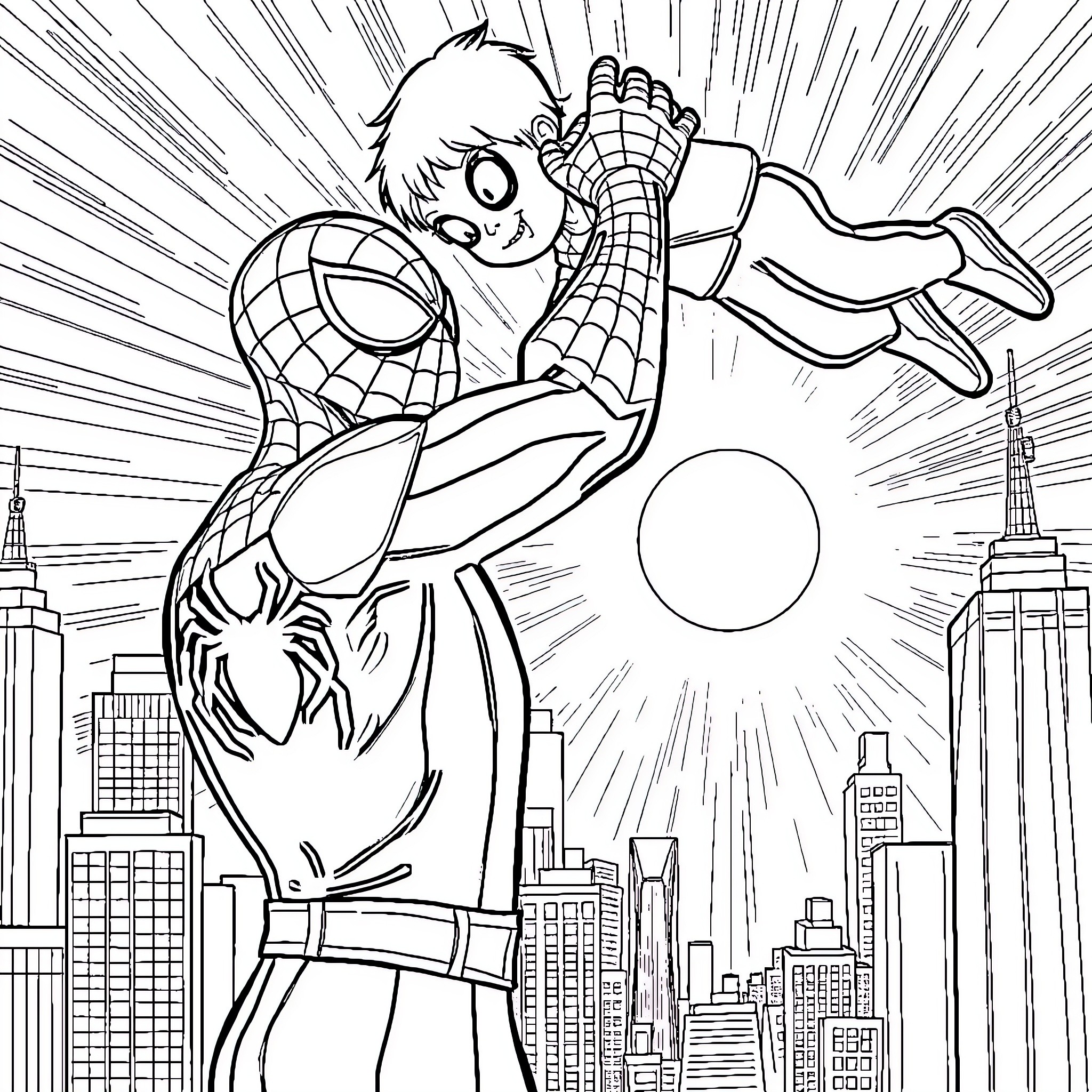 Spiderman swinging through the city skyline Coloring Page (free black-and-white line drawing printable PDF for all, from beginners to advanced learners, including children, teens, adults, and seniors)
