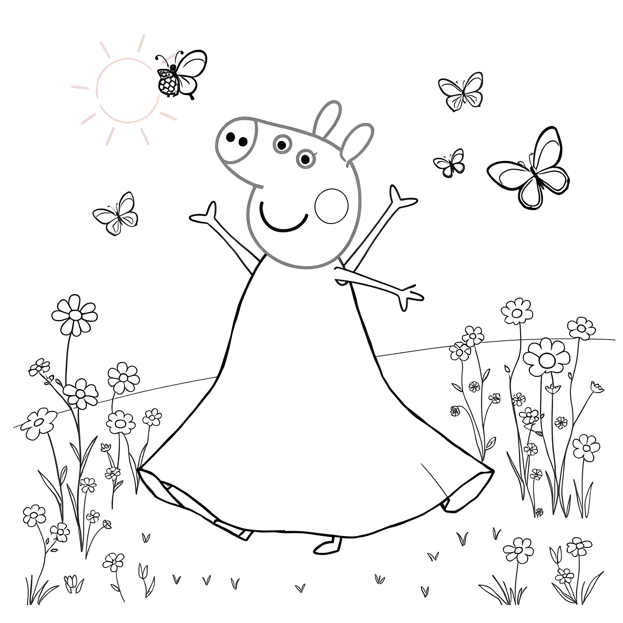 Peppa Pig playing happily in the meadow with butterflies Coloring Page (free black-and-white line drawing printable PDF for all, from beginners to advanced learners, including children, teens, adults, and seniors)