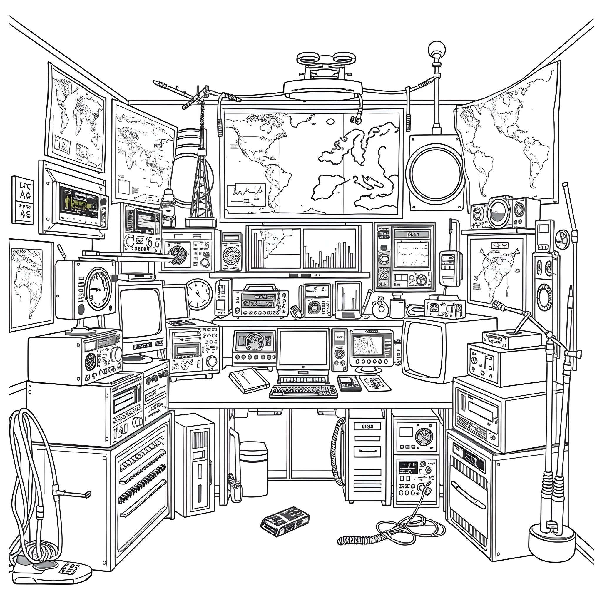 Ham Radio Enthusiast's Workspace with Diverse Electronic Devices Coloring Page (free black-and-white line drawing printable PDF for all, from beginners to advanced learners, including children, teens, adults, and seniors)
