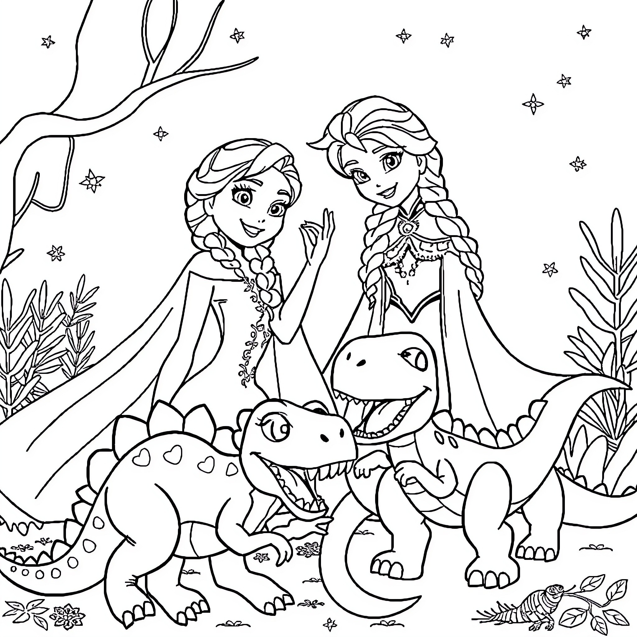 Frozen sisters and their dinosaur friends in snowy wonderland Coloring Page (free black-and-white line drawing printable PDF for all, from beginners to advanced learners, including children, teens, adults, and seniors)
