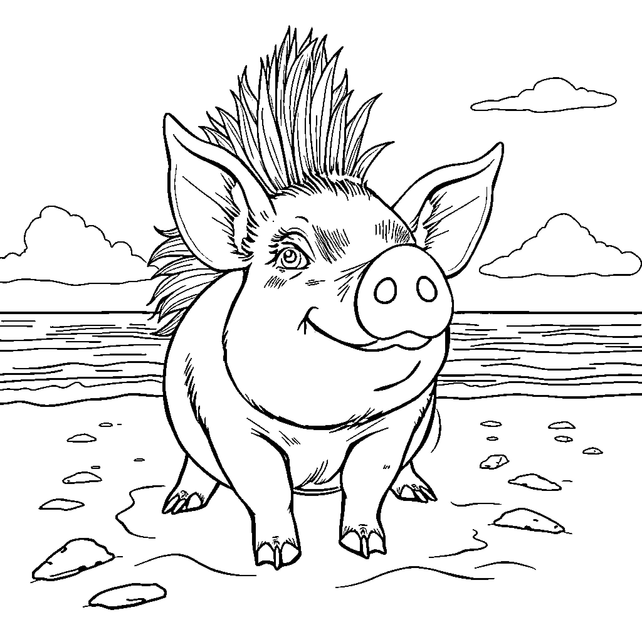 Pig enjoying a sunny day by the lake Coloring Page (free black-and-white line drawing printable PDF for all, from beginners to advanced learners, including children, teens, adults, and seniors)