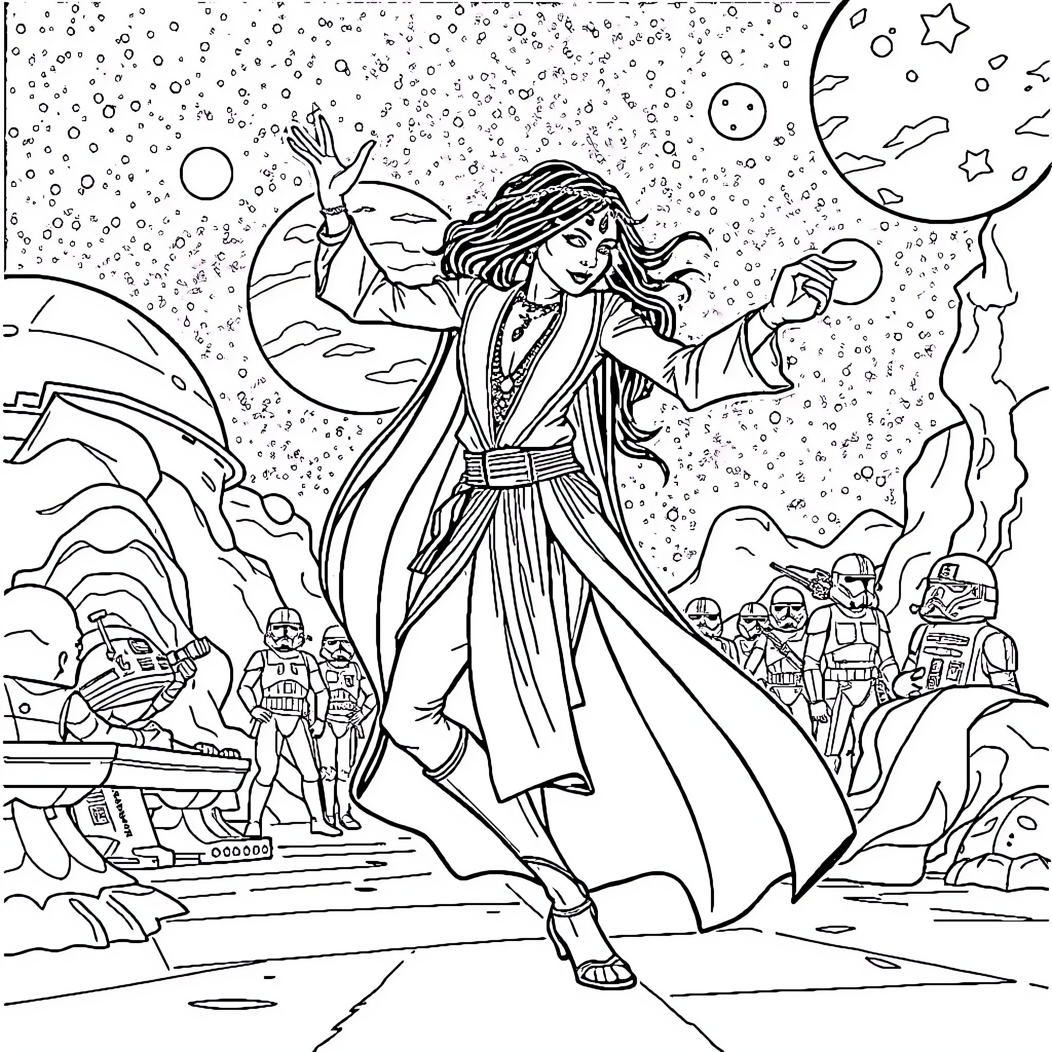 Jaimiroquai's Mystical Cosmic Dance Coloring Page (free black-and-white line drawing printable PDF for all, from beginners to advanced learners, including children, teens, adults, and seniors)