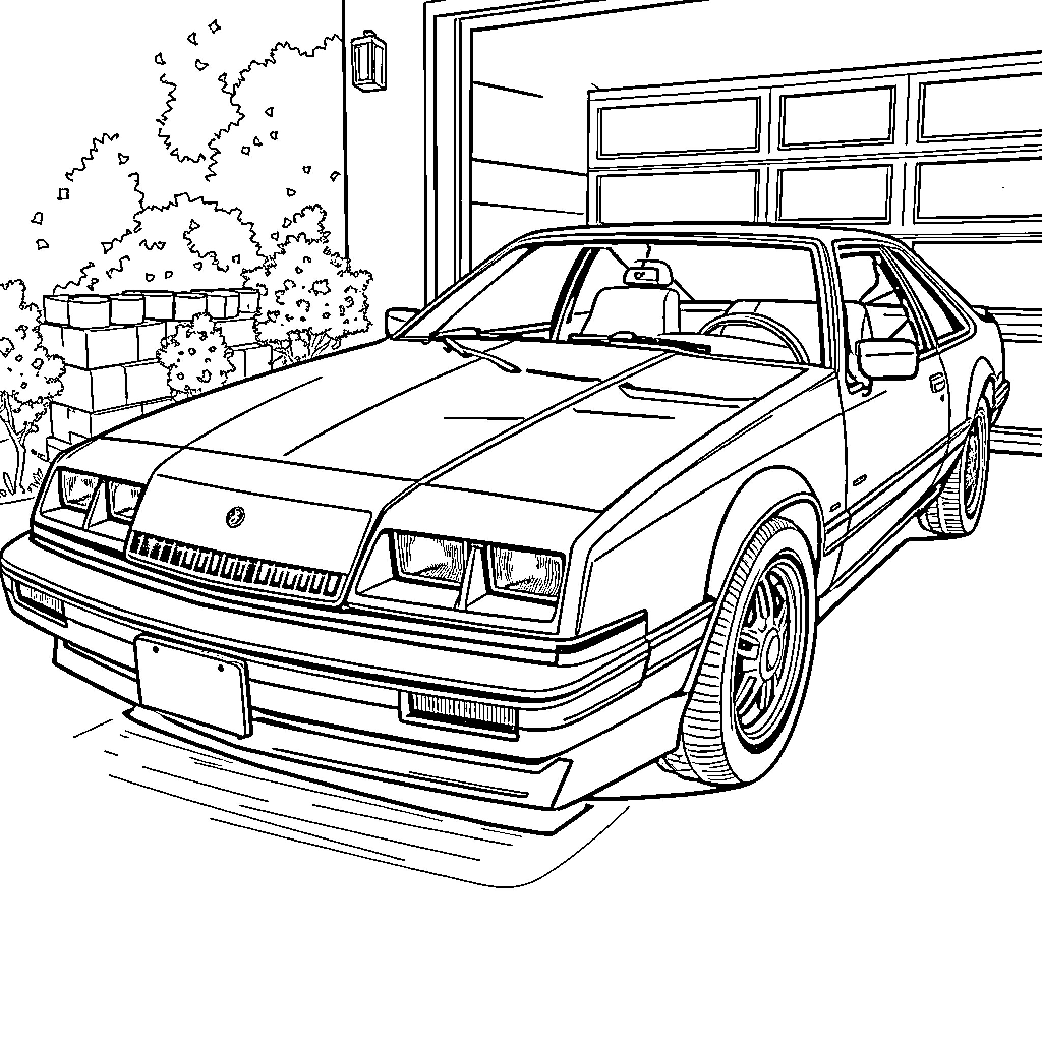 Mercury Capri in detailed garage scene Coloring Page (free black-and-white line drawing printable PDF for all, from beginners to advanced learners, including children, teens, adults, and seniors)