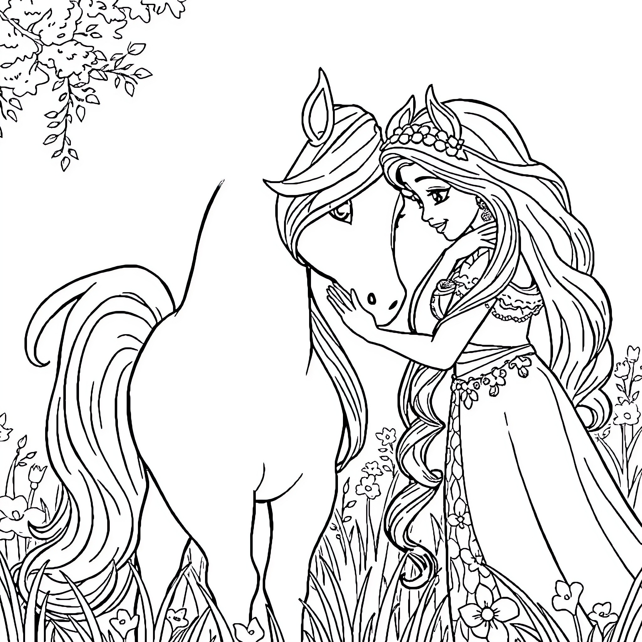 Unicorn and royal maiden in enchanted forest Coloring Page (free black-and-white line drawing printable PDF for all, from beginners to advanced learners, including children, teens, adults, and seniors)