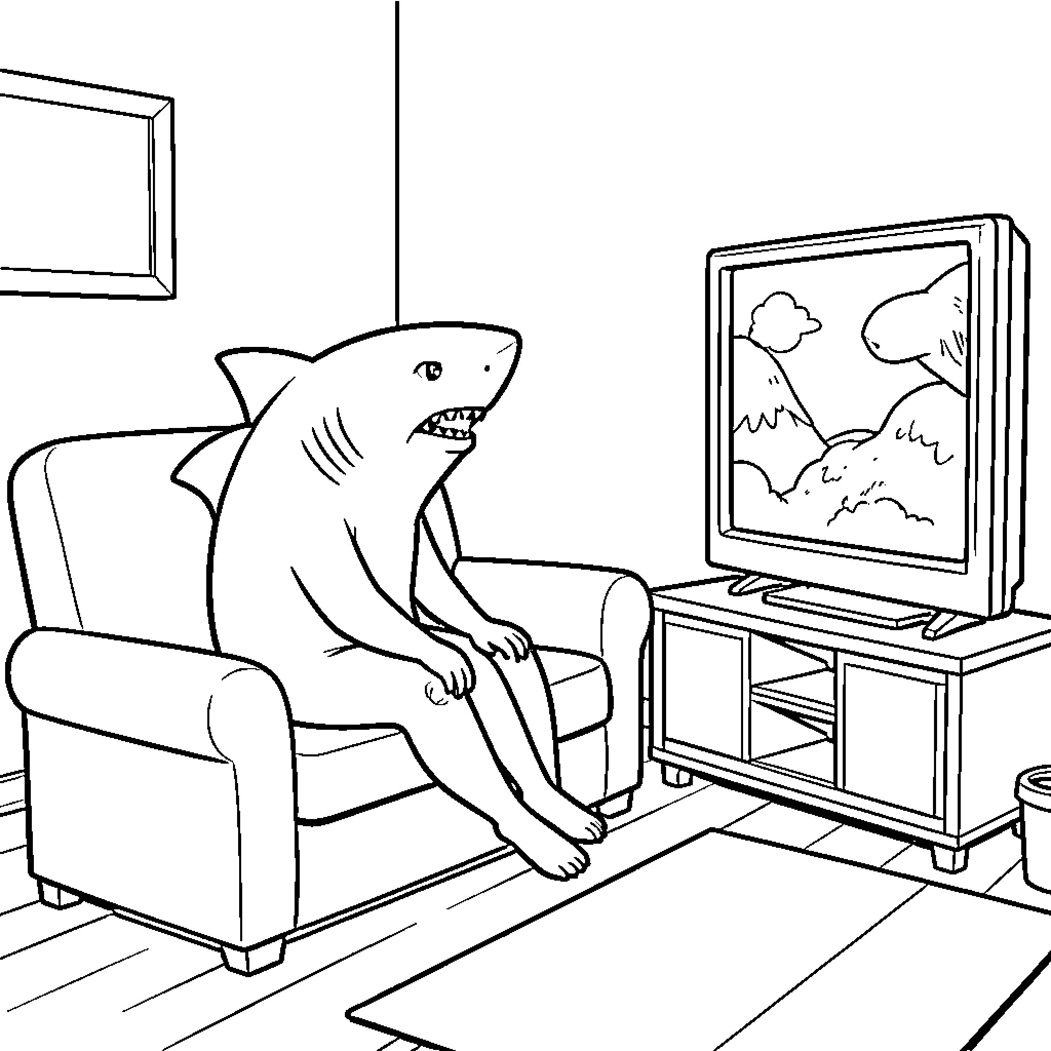 Shark sitting on a sofa watching television Coloring Page (free black-and-white line drawing printable PDF for all, from beginners to advanced learners, including children, teens, adults, and seniors)