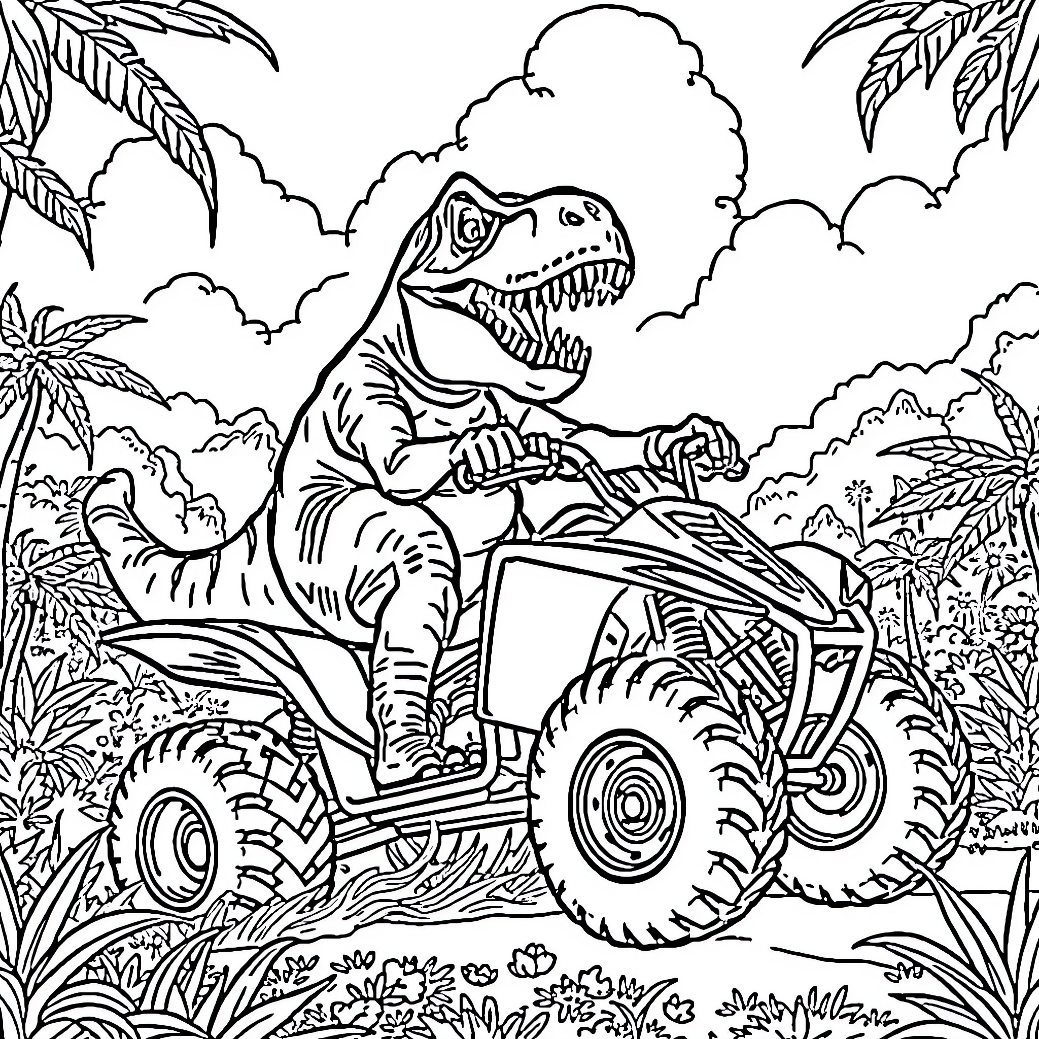 T-Rex driving all-terrain vehicle through the jungle Coloring Page (free black-and-white line drawing printable PDF for all, from beginners to advanced learners, including children, teens, adults, and seniors)