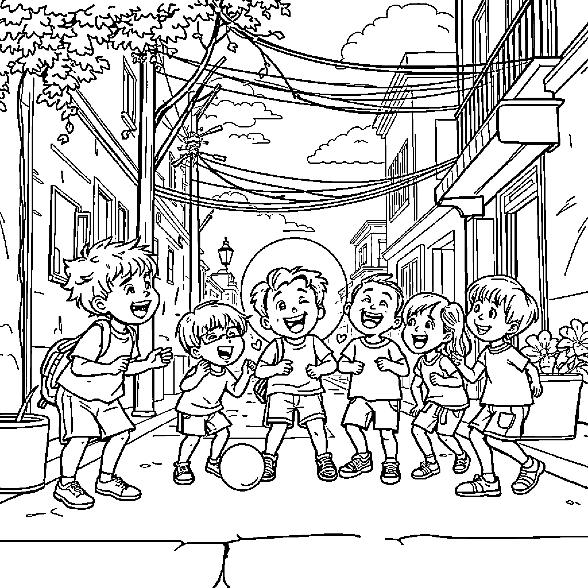 Children playing happily in a neighborhood street Coloring Page (free black-and-white line drawing printable PDF for all, from beginners to advanced learners, including children, teens, adults, and seniors)