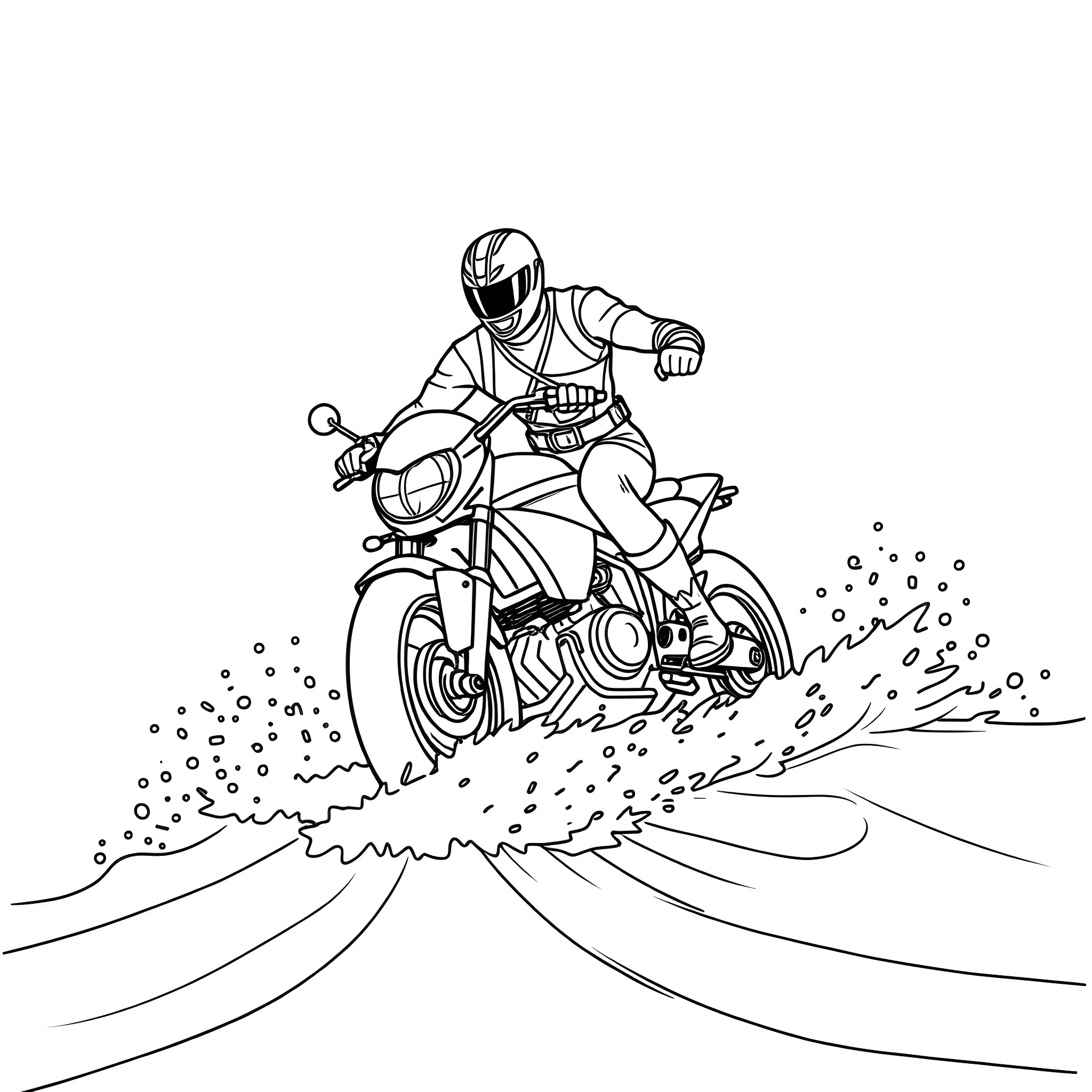 Power Ranger speeding on motorcycle in action scene Coloring Page (free black-and-white line drawing printable PDF for all, from beginners to advanced learners, including children, teens, adults, and seniors)