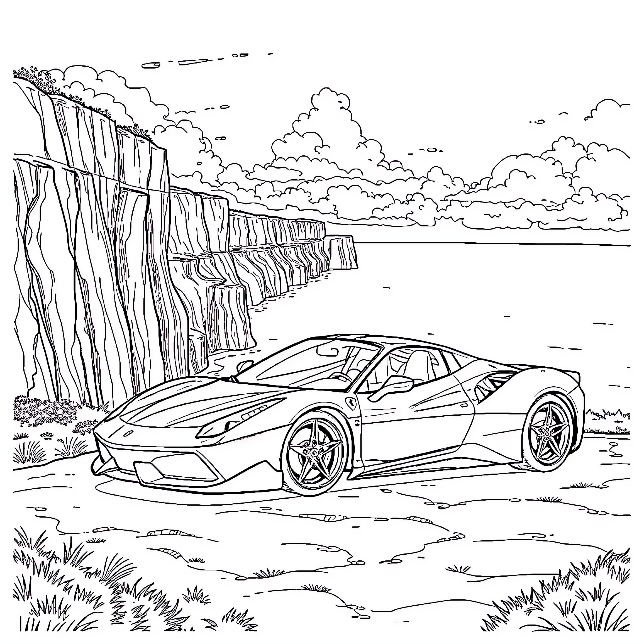 Ferrari sports car in a scenic landscape Coloring Page (free black-and-white line drawing printable PDF for all, from beginners to advanced learners, including children, teens, adults, and seniors)