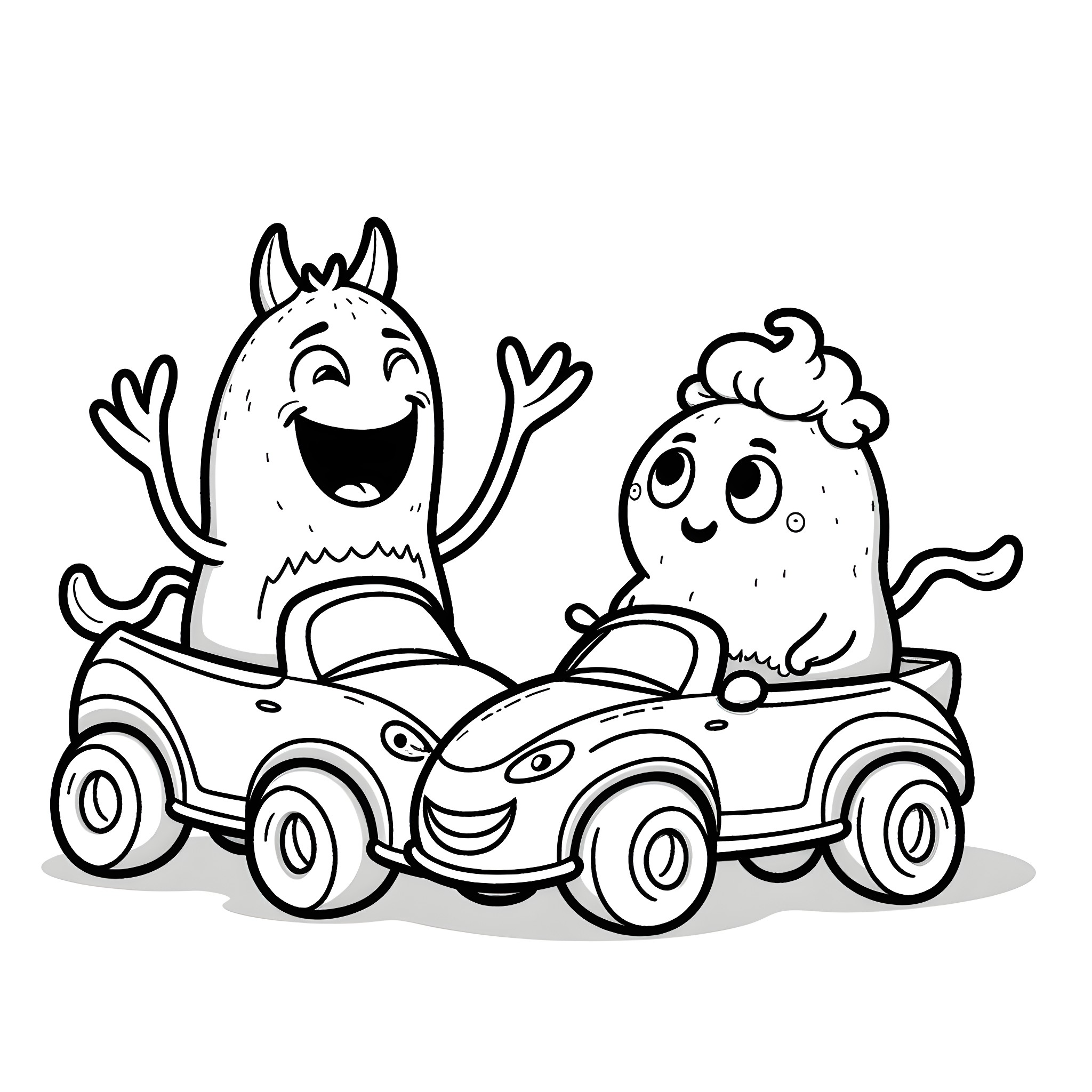 Monster friends driving a toy car happily Coloring Page (free black-and-white line drawing printable PDF for all, from beginners to advanced learners, including children, teens, adults, and seniors)