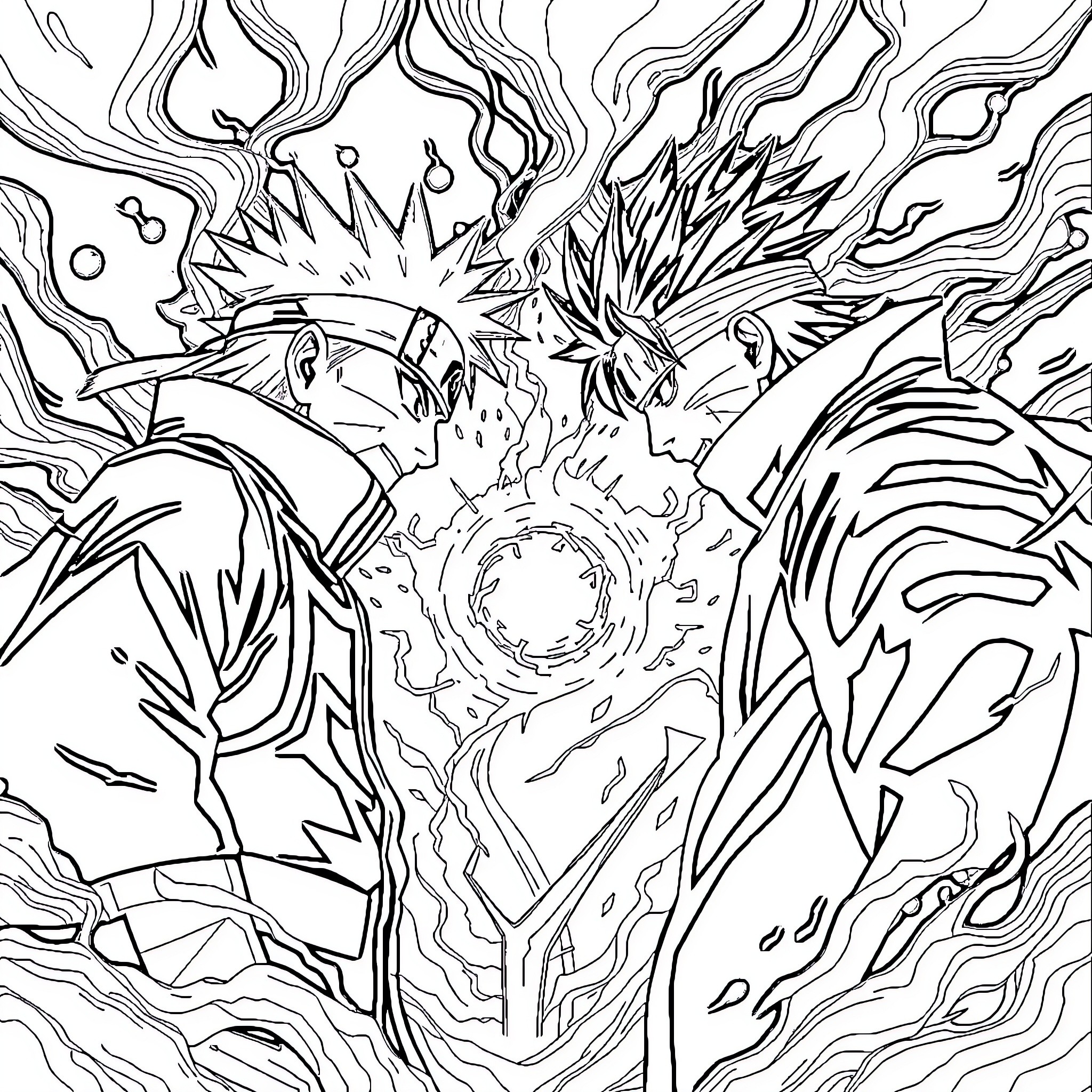 Naruto characters in epic battle scene Coloring Page (free black-and-white line drawing printable PDF for all, from beginners to advanced learners, including children, teens, adults, and seniors)