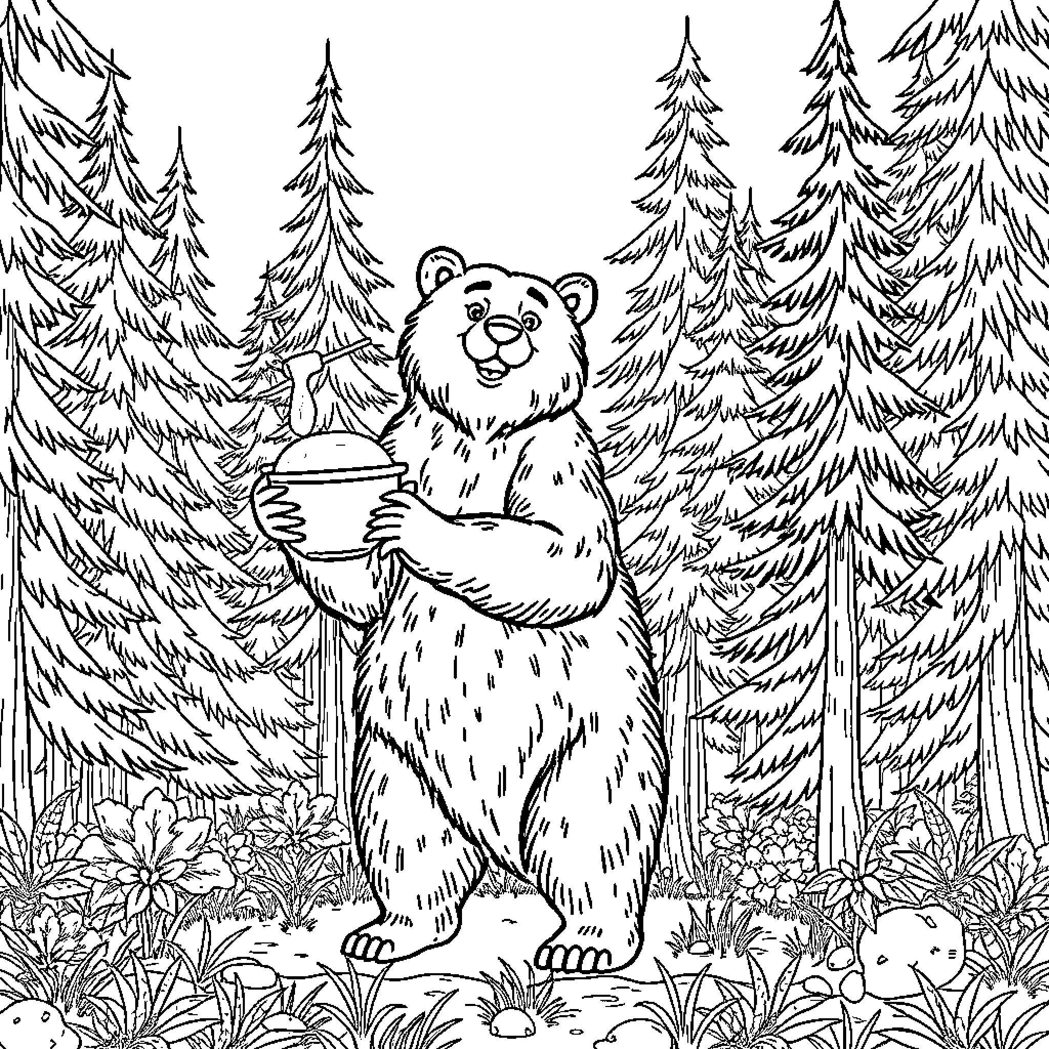 Bear standing with a pot in a forest Coloring Page (free black-and-white line drawing printable PDF for all, from beginners to advanced learners, including children, teens, adults, and seniors)