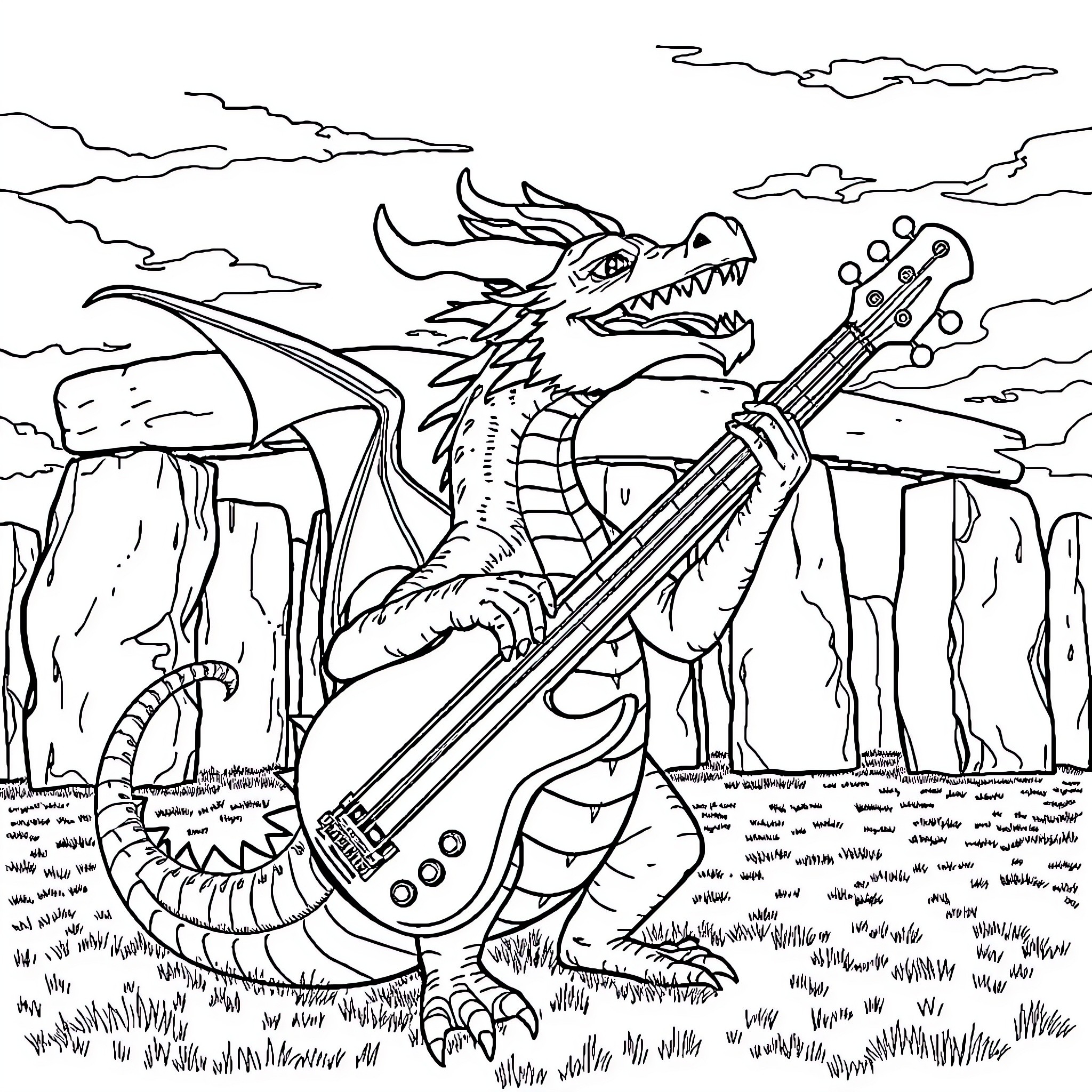 Dragon playing electric guitar on rocky landscape Coloring Page (free black-and-white line drawing printable PDF for all, from beginners to advanced learners, including children, teens, adults, and seniors)