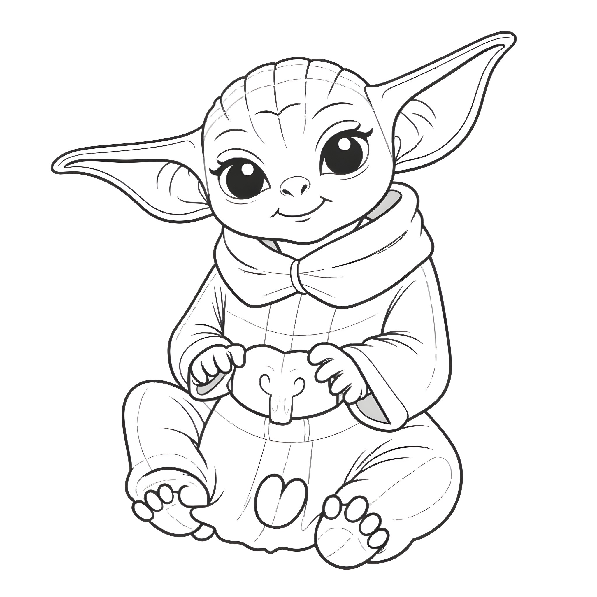 Yoda sitting happily with big eyes Coloring Page (free black-and-white line drawing printable PDF for all, from beginners to advanced learners, including children, teens, adults, and seniors)