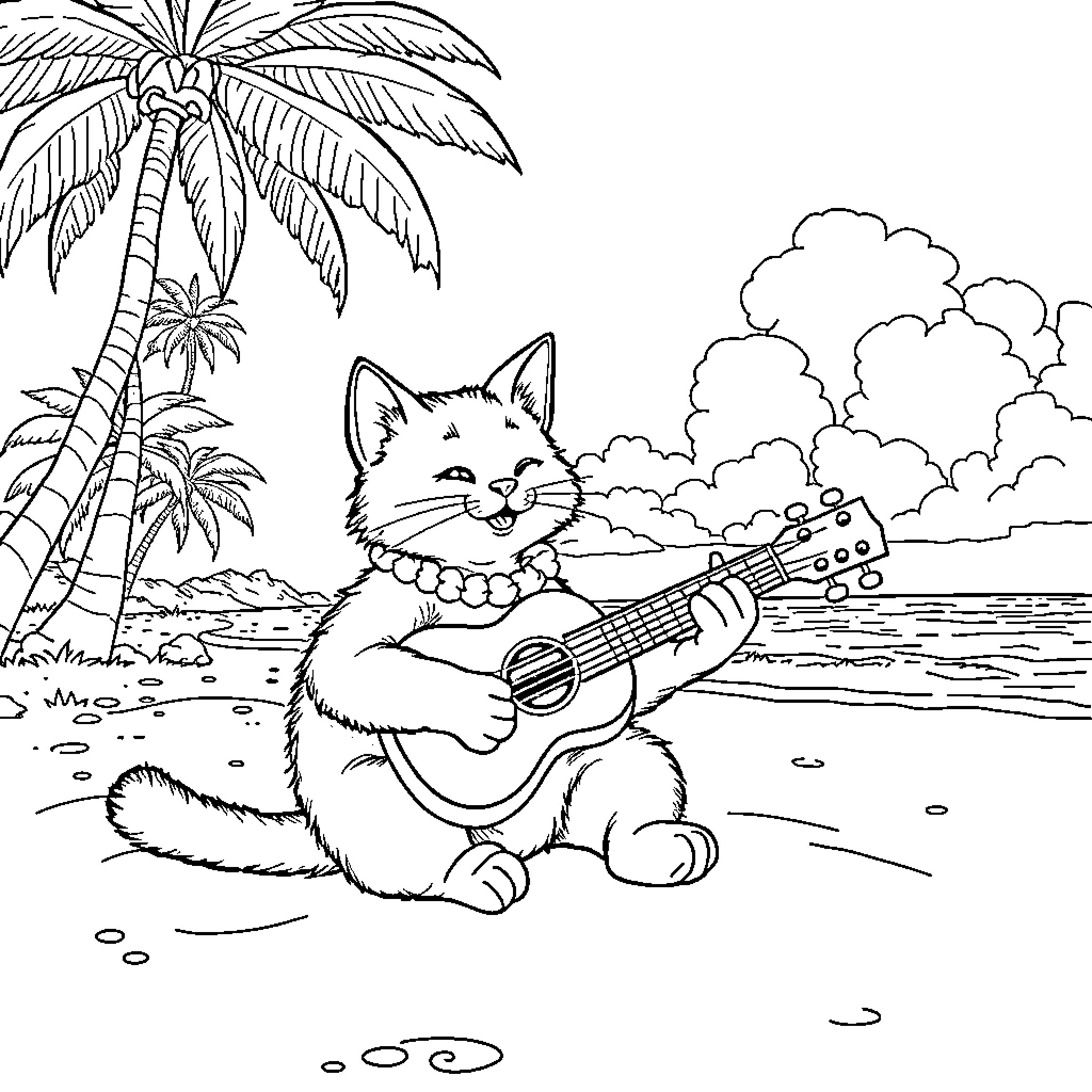 Cat playing guitar on a tropical beach Coloring Page (free black-and-white line drawing printable PDF for all, from beginners to advanced learners, including children, teens, adults, and seniors)