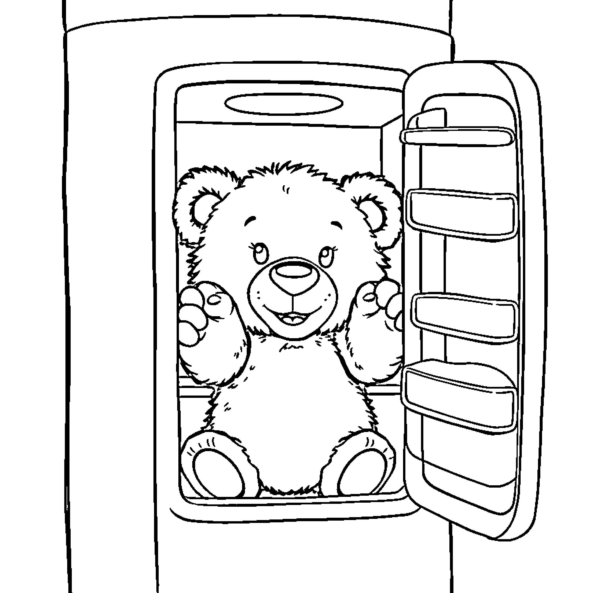 Teddy Bear sitting happily in the refrigerator Coloring Page (free black-and-white line drawing printable PDF for all, from beginners to advanced learners, including children, teens, adults, and seniors)