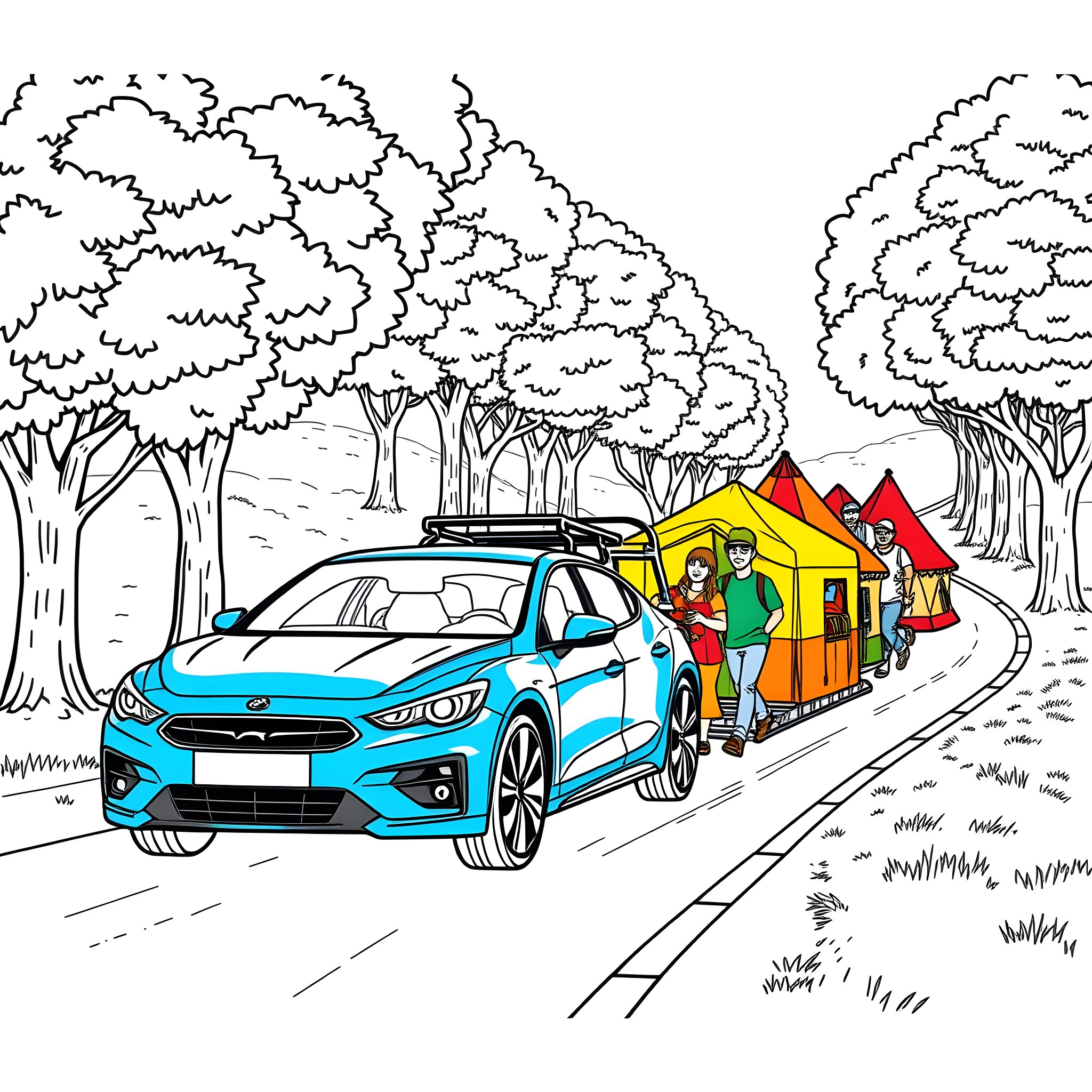Caravan of vehicles and campers in the forest Coloring Page (free black-and-white line drawing printable PDF for all, from beginners to advanced learners, including children, teens, adults, and seniors)