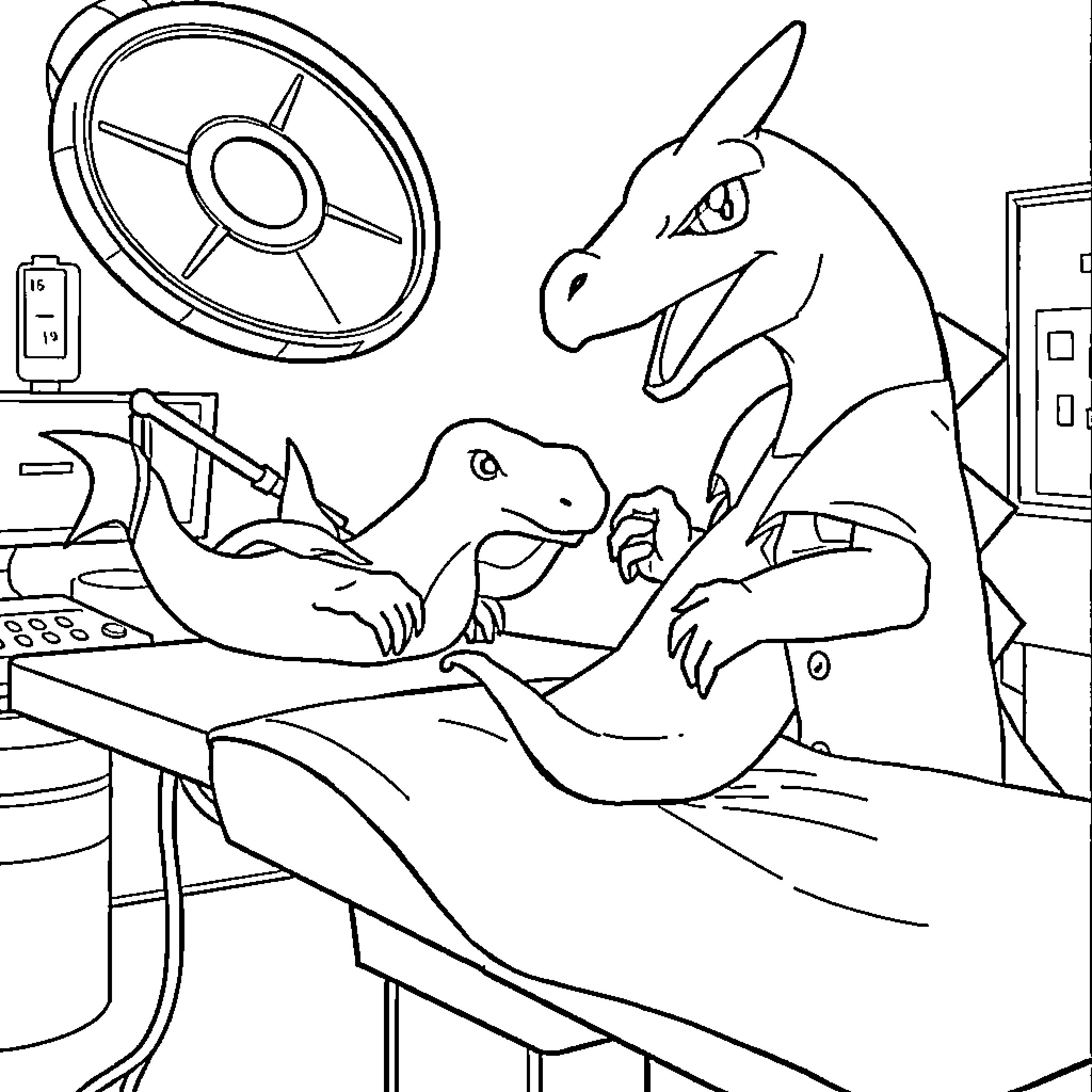 Charizard working on a computer with a friend Coloring Page (free black-and-white line drawing printable PDF for all, from beginners to advanced learners, including children, teens, adults, and seniors)