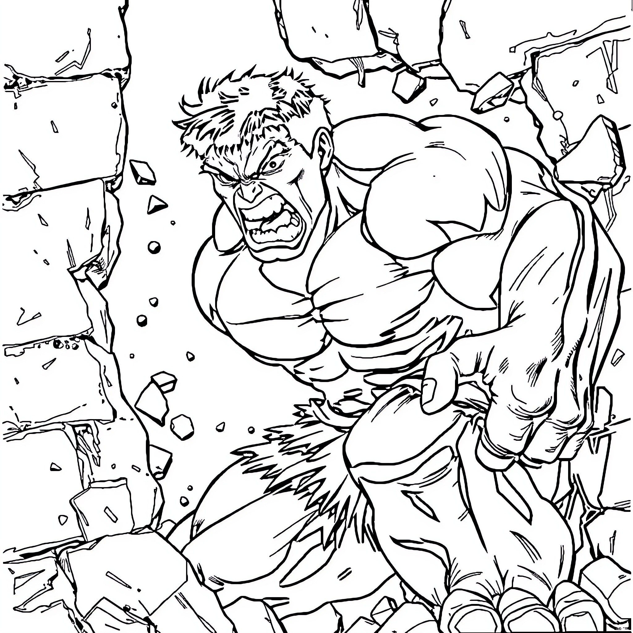Hulk Smashing Through Debris and Destruction Coloring Page (free black-and-white line drawing printable PDF for all, from beginners to advanced learners, including children, teens, adults, and seniors)