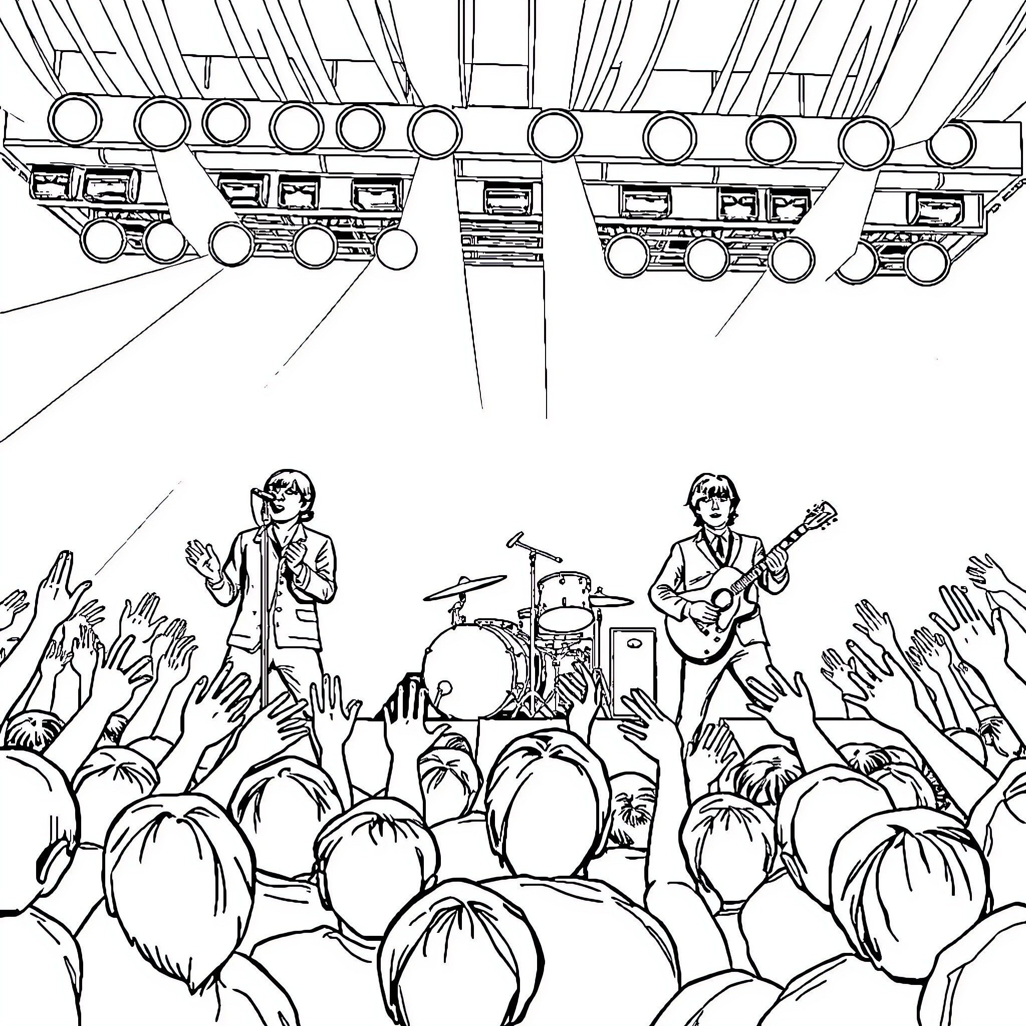 Beatles Performing on Stage with Crowd Coloring Page (free black-and-white line drawing printable PDF for all, from beginners to advanced learners, including children, teens, adults, and seniors)