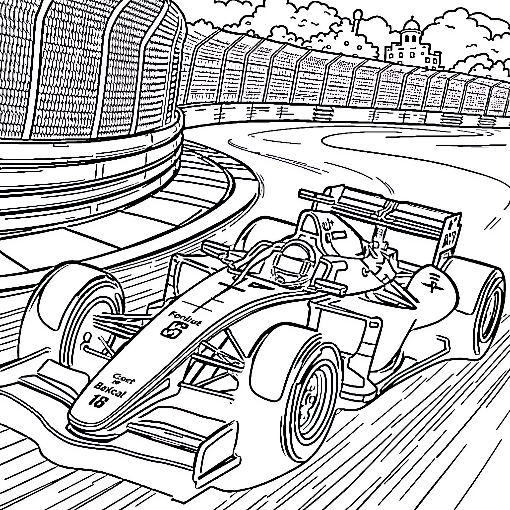 Formula 1 Car Racing on Circuit Track Coloring Page (free black-and-white line drawing printable PDF for all, from beginners to advanced learners, including children, teens, adults, and seniors)