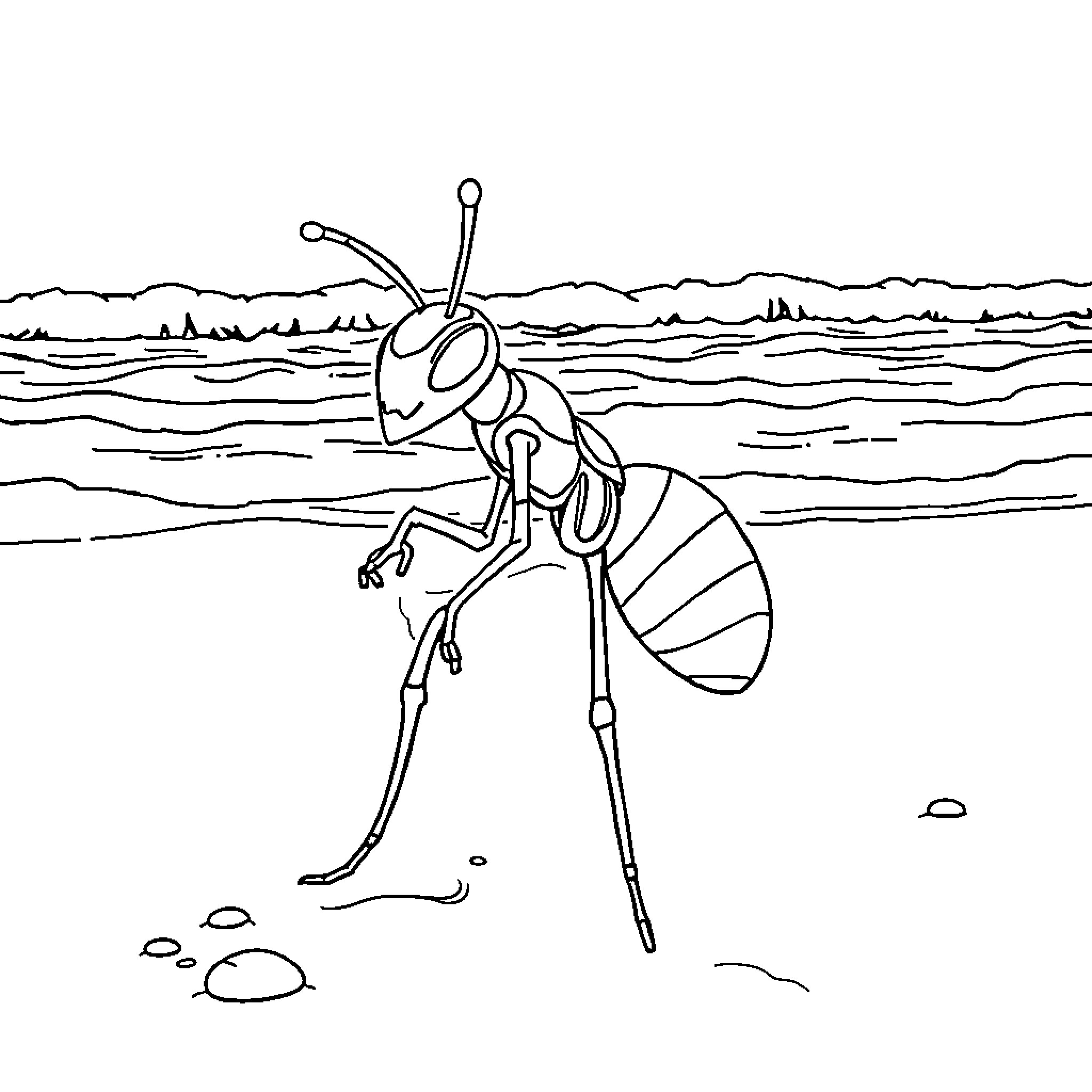 Antman exploring the shoreline in his tiny form Coloring Page (free black-and-white line drawing printable PDF for all, from beginners to advanced learners, including children, teens, adults, and seniors)