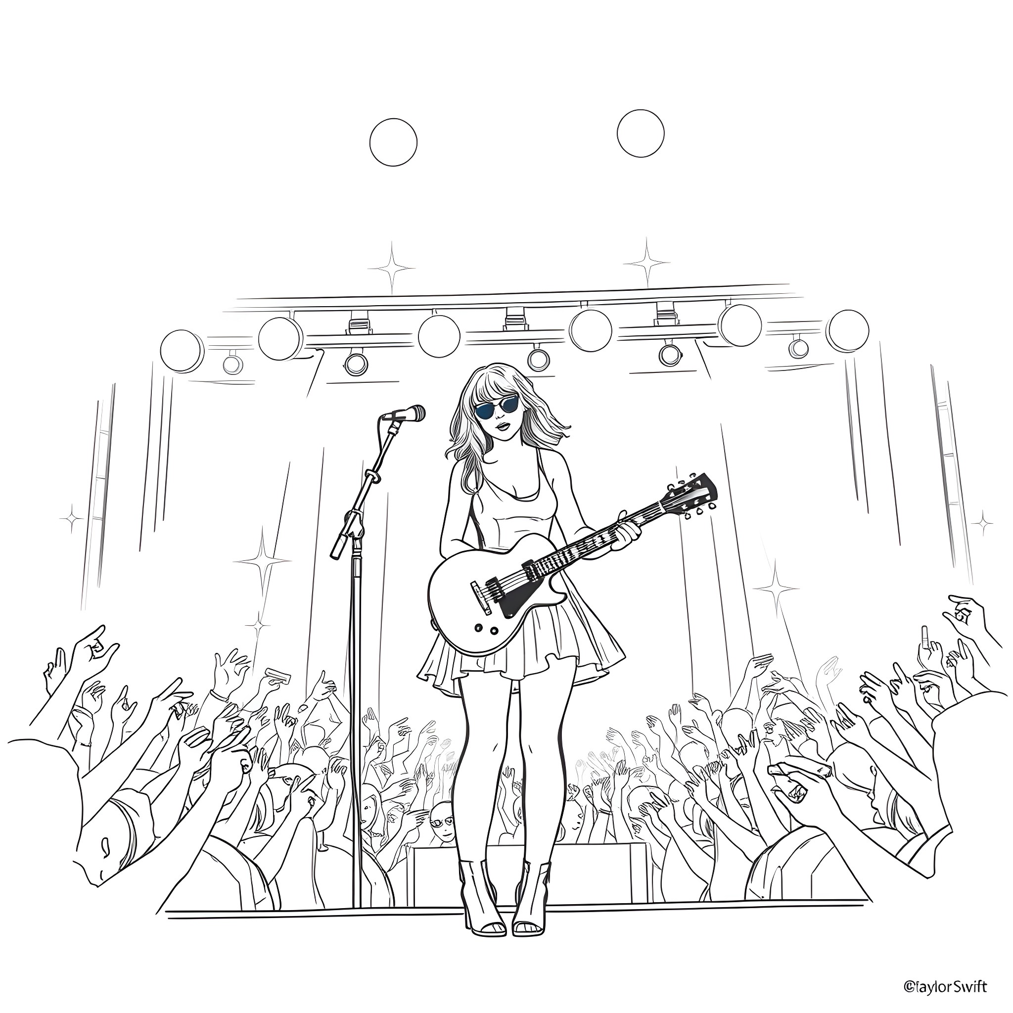 Taylor Swift performing on stage with electric guitar Coloring Page (free black-and-white line drawing printable PDF for all, from beginners to advanced learners, including children, teens, adults, and seniors)