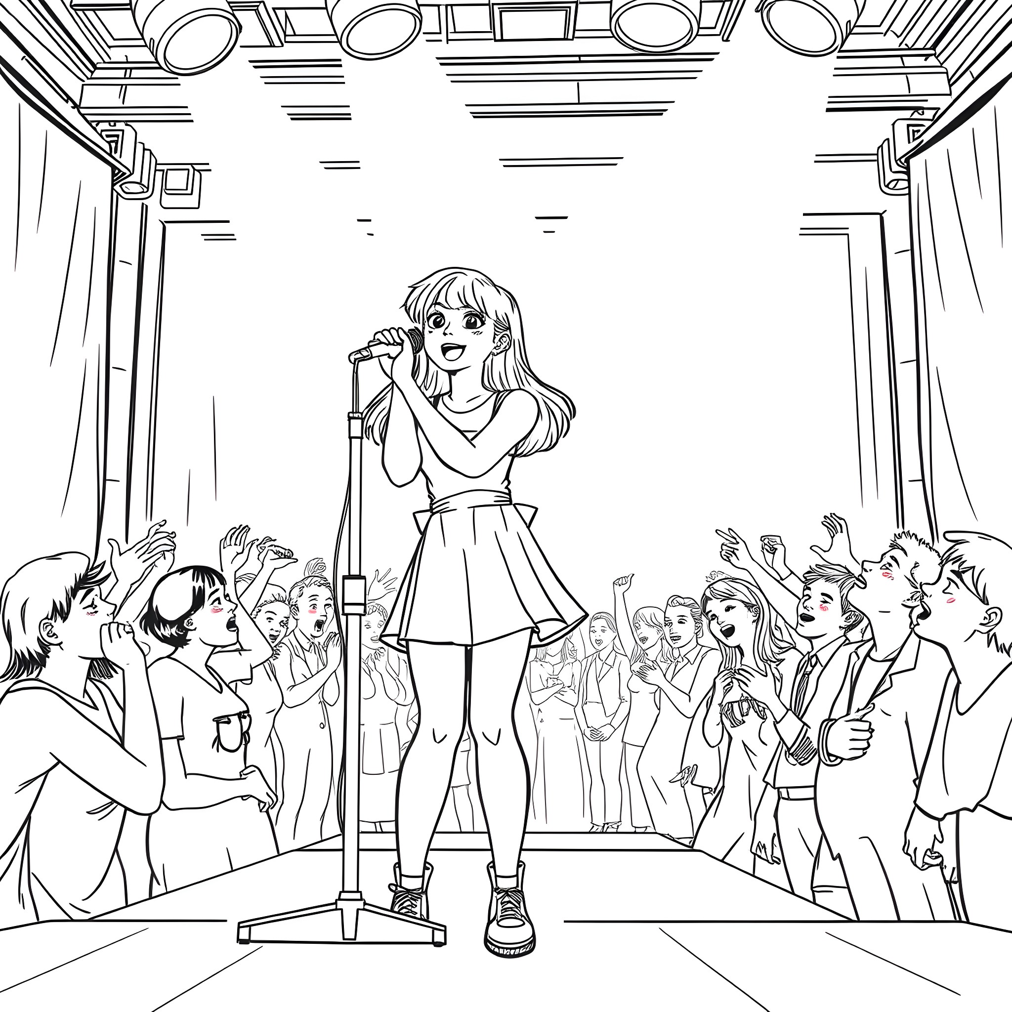 Teen Girl Singing on Stage with Audience Coloring Page (free black-and-white line drawing printable PDF for all, from beginners to advanced learners, including children, teens, adults, and seniors)