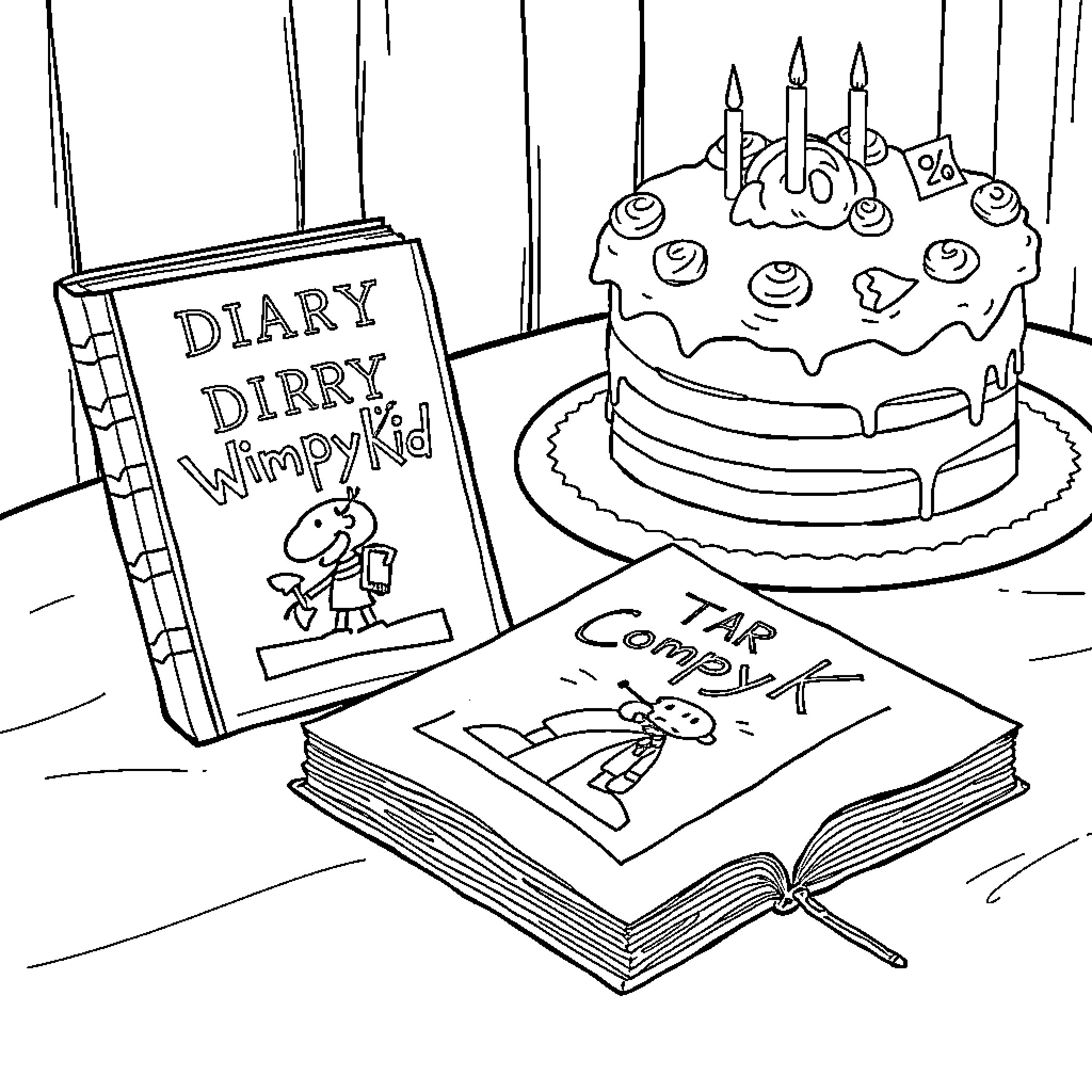 Wimpy Kid's Birthday Celebration with Cake Coloring Page (free black-and-white line drawing printable PDF for all, from beginners to advanced learners, including children, teens, adults, and seniors)