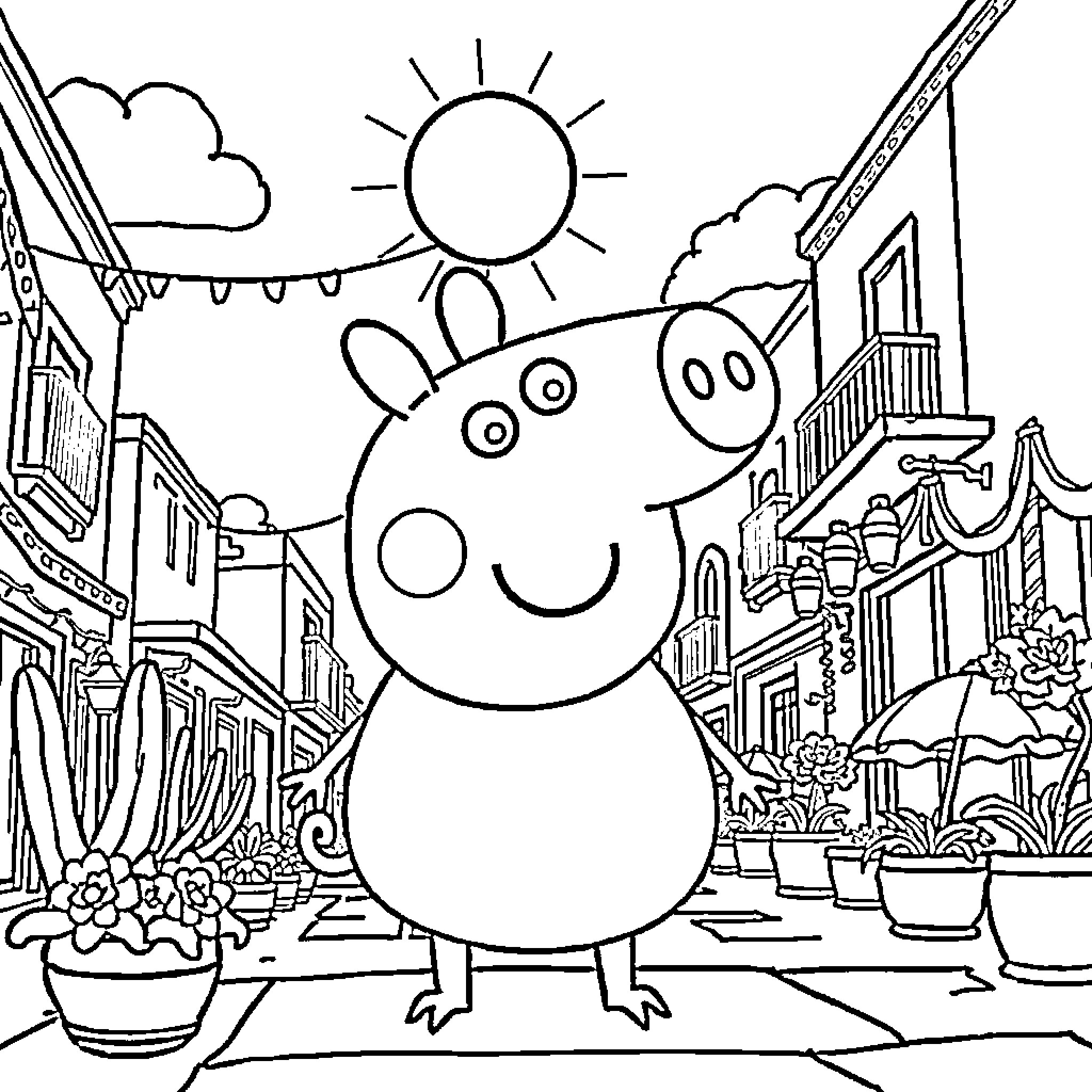 Peppa Pig enjoying a sunny day in the town Coloring Page (free black-and-white line drawing printable PDF for all, from beginners to advanced learners, including children, teens, adults, and seniors)