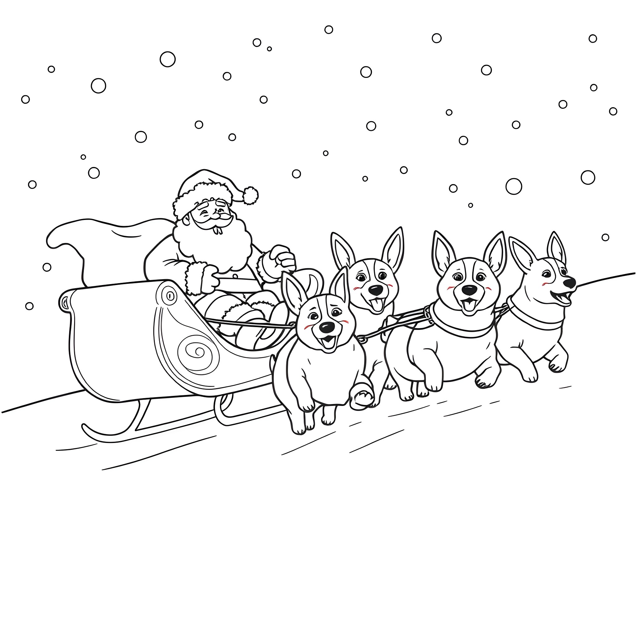 Santa Claus riding sleigh with joyful dogs Coloring Page (free black-and-white line drawing printable PDF for all, from beginners to advanced learners, including children, teens, adults, and seniors)