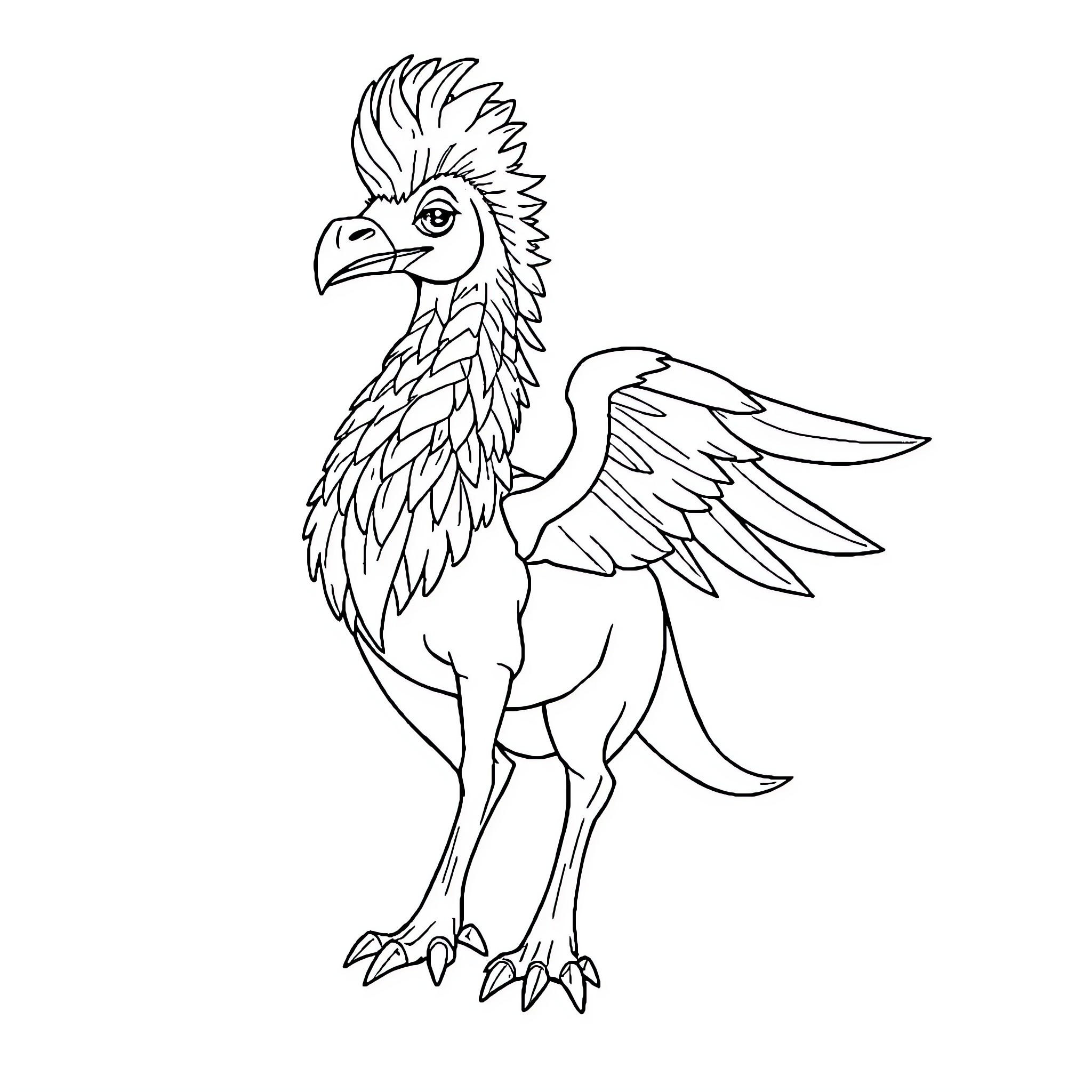 Hippogriff posing with spread wings Coloring Page (free black-and-white line drawing printable PDF for all, from beginners to advanced learners, including children, teens, adults, and seniors)